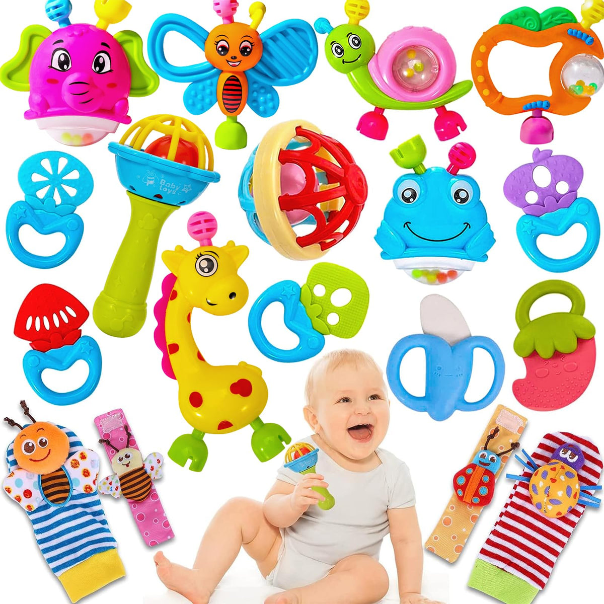 AZEN 18-teiliges Baby-Spielzeug 6 bis 12 Monate, Baby-Rasseln 6-12 Monate, Neugeborenen-Spielzeug 6-12 Monate