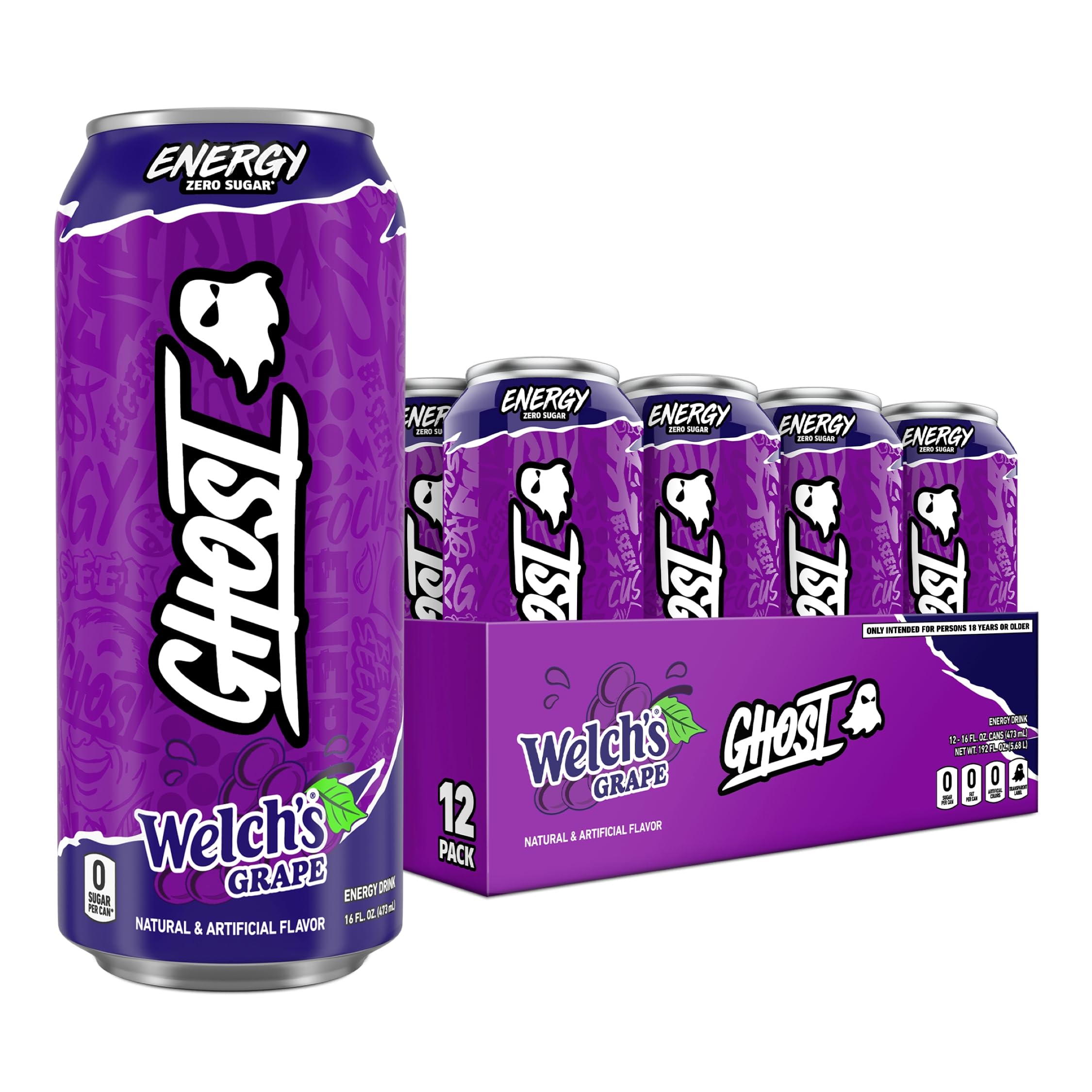 GHOST Energy Drink – 12er-Pack, Welch's Traube, 473ml Dosen – Energie & Fokus & keine künstlichen Farbstoffe – 200mg natürliches Koffein, L-Carnitin & Taurin – Glutenfrei & Vegan