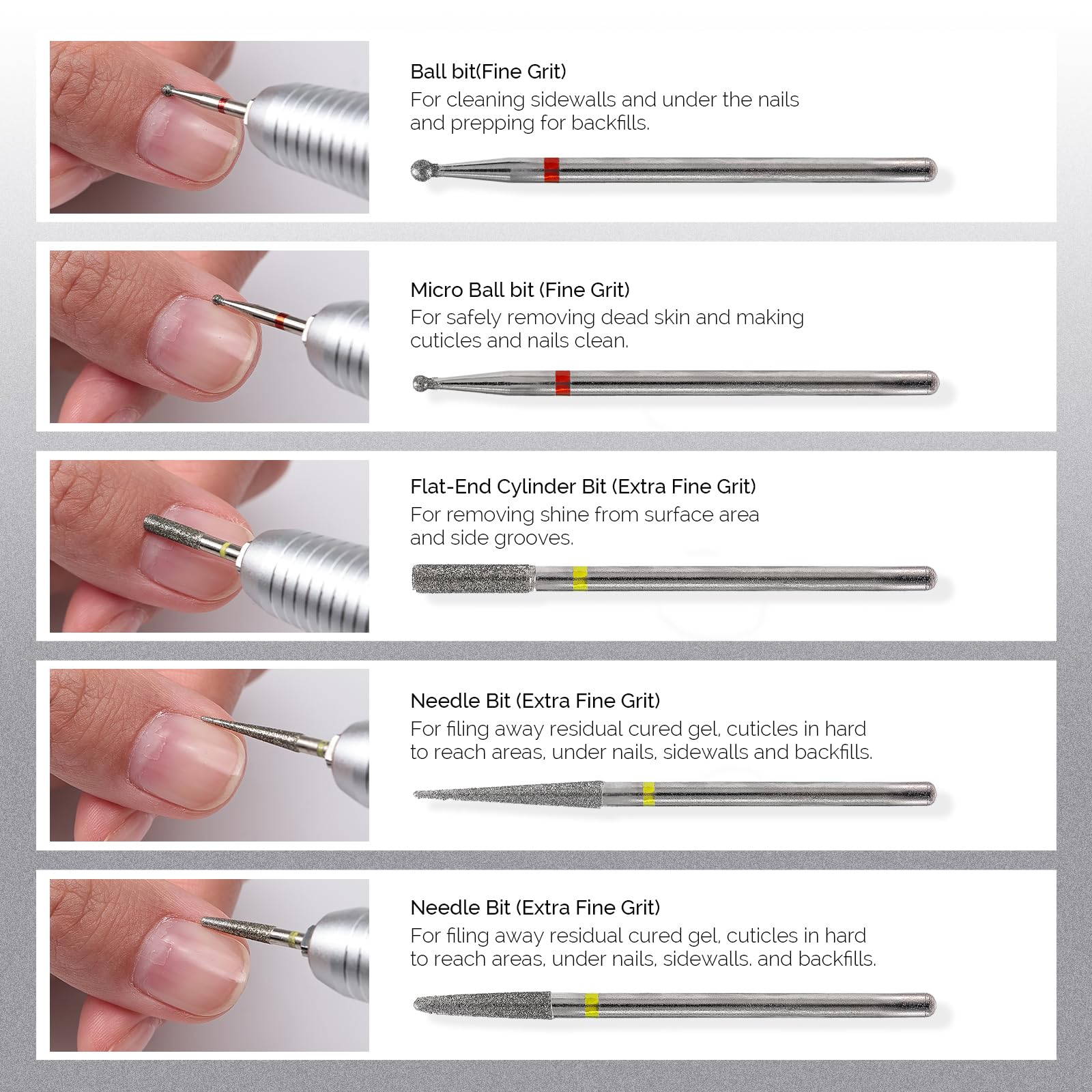 MelodySusie 10pcs Nail Drill Bits Set, 3/32 Inch Diamond Cuticle Nail Bits Kit for Nail Drill E-File, Manicure Pedicure Remover Tools for Acrylic Gel Nails, Salon Home Nail Care Supplies, Silver