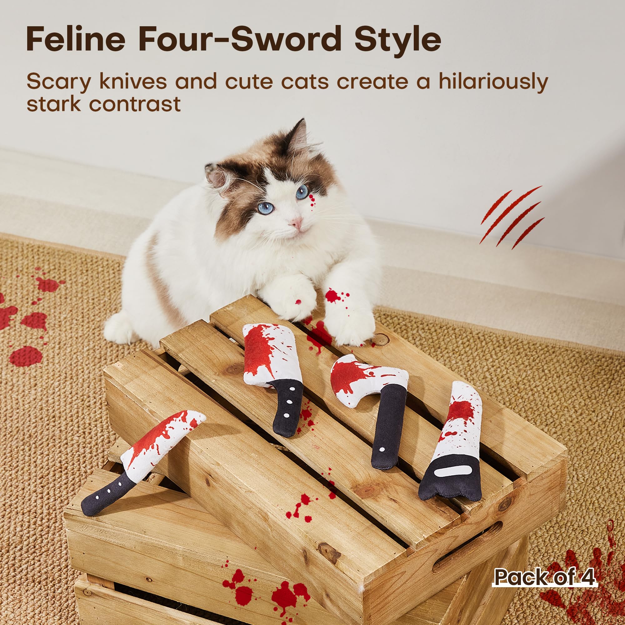 Potaroma 4Pcs Cat Toys, Horror Knife-Shaped Kitten Catnip Crinkly Sound Toys, Indoor Exercise for All Cat Breeds 6.5 Inches