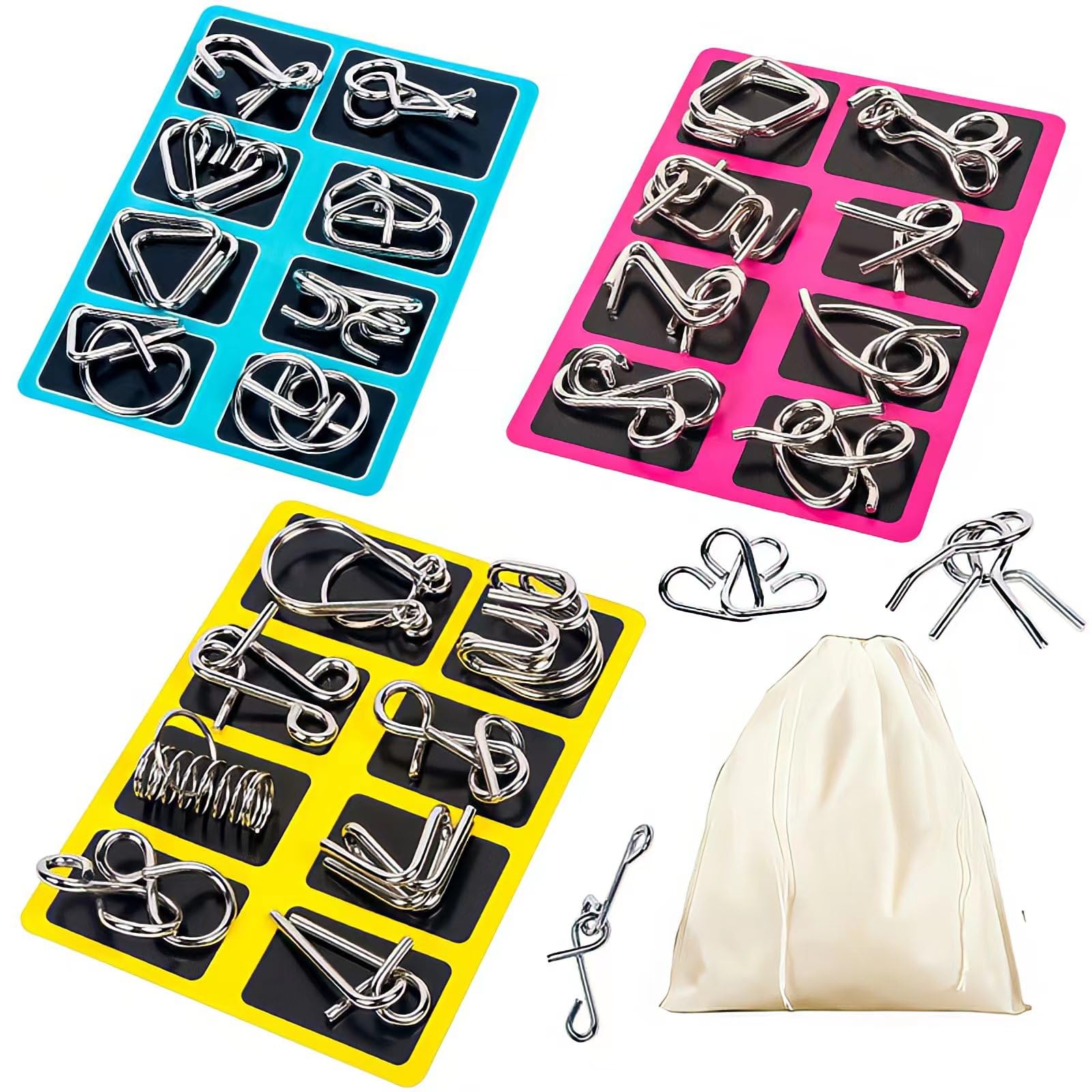 GEKELI Metall-Drahtpuzzles 24er-Set mit Beutel, Denkaufgabe IQ-Test Entwirrspiel Eisen-Link Entriegelungs-Verbindungsspiel Chinesischer Ring Zaubertrickspielzeug für Partygeschenke Kinder Erwachsene Herausforderung