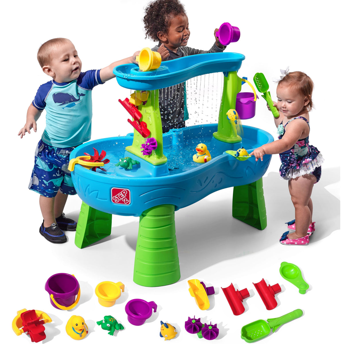 Step2 Regenschauer Planschbecken-Wasserspieltisch, Wasser- und Sand-Aktivitäts-Sensorik-Spielset für Kinder, Outdoor-Spielzeug für den Sommer, 13-teiliges Wasserspielzeug-Zubehör, für Kleinkinder ab 1,5 Jahren, Blau & Grün