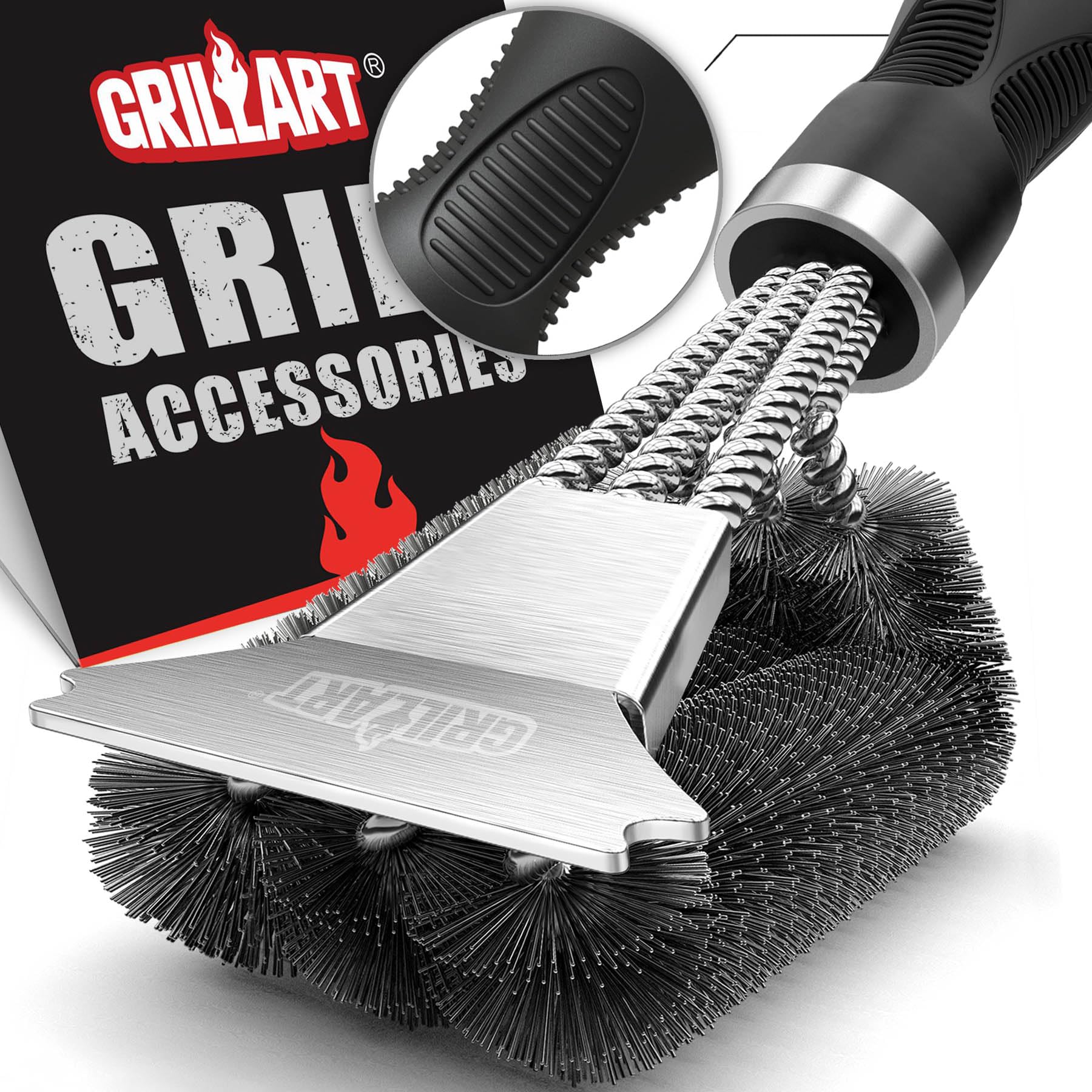 GRILLART Grillbürste und Schaber, extra starkes BBQ-Reinigungszubehör, sichere Drahtborsten Grillbürste mit dreifachen Schrubbern für Gas-/Kohlegrills, Wizard Tool BR-8115