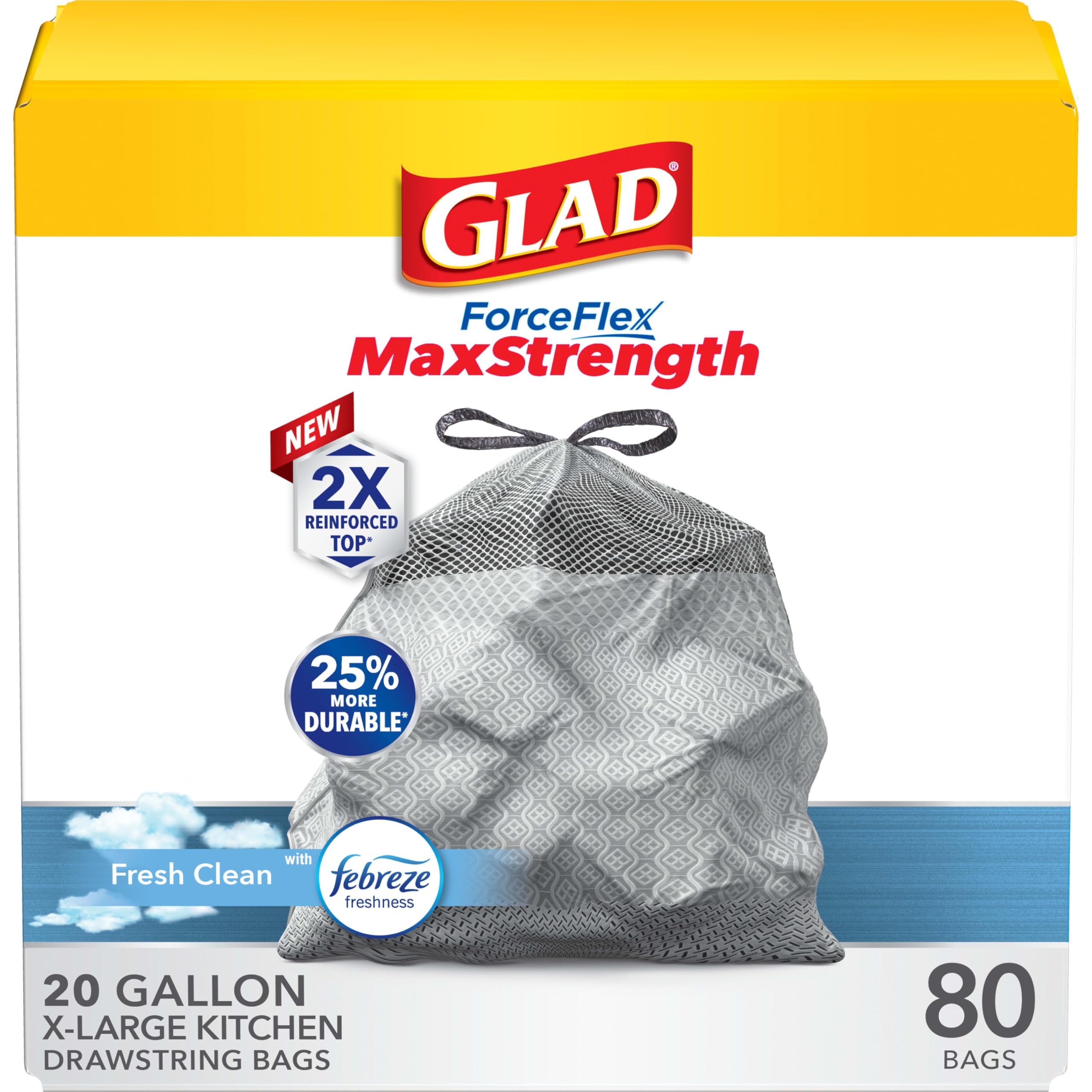 Glad ForceFlex MaxStrength Küchenmüllbeutel, 75,7 Liter, Fresh Clean Febreze, 80 Stück (Verpackung kann abweichen)