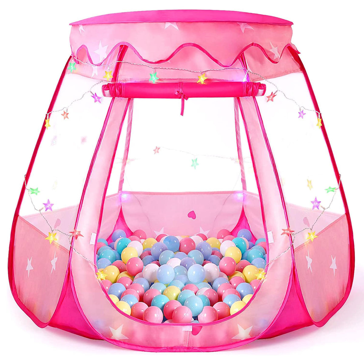 Pop-Up Prinzessinnenzelt mit bunten Sternenlichtern als Geschenk für 1 2 3-jährige Mädchen zum Geburtstag, Spielzeug für Baby-Mädchen von 12-18 Monaten, faltbares Bällebad mit Tragetasche, Indoor- und Outdoor-Spielzelt für Kinder