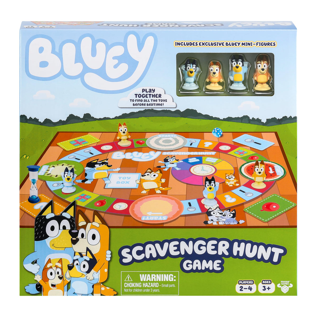 Bluey Schnitzeljagd Brettspiel, kooperatives Spiel mit 4 exklusiven Mini-Figuren, Lernspielzeug für Kinder ab 5 Jahren, lustiges Spiel zum Sammeln von Spielmarken
