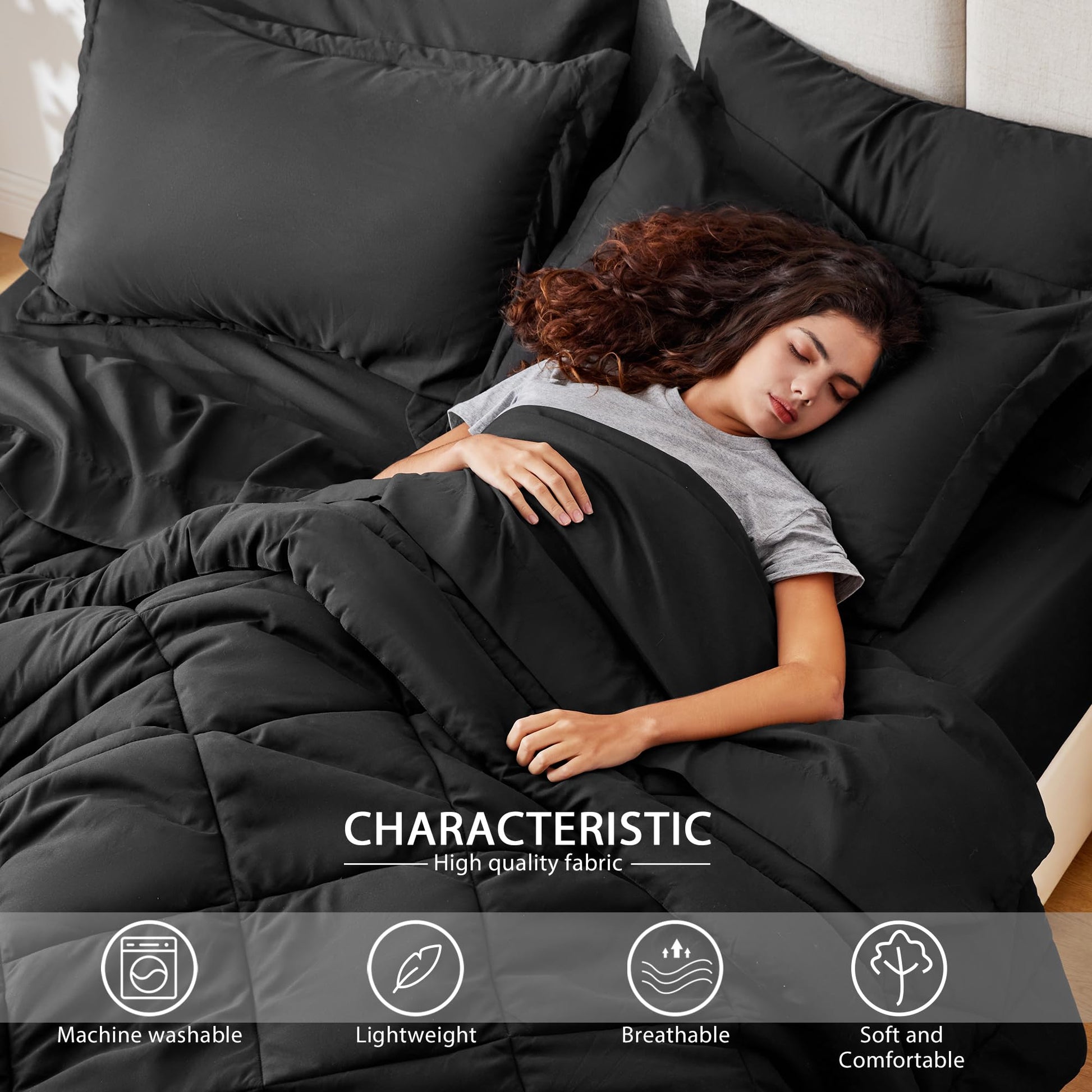 Love's cabin Full Comforter Set Black, 7 Pieces Full Bed in a Bag, All Season Full Bedding Sets with 1 Comforter, 1 Flat Sheet, 1 Fitted Sheet, 2 Pillowcase and 2 Pillow Sham