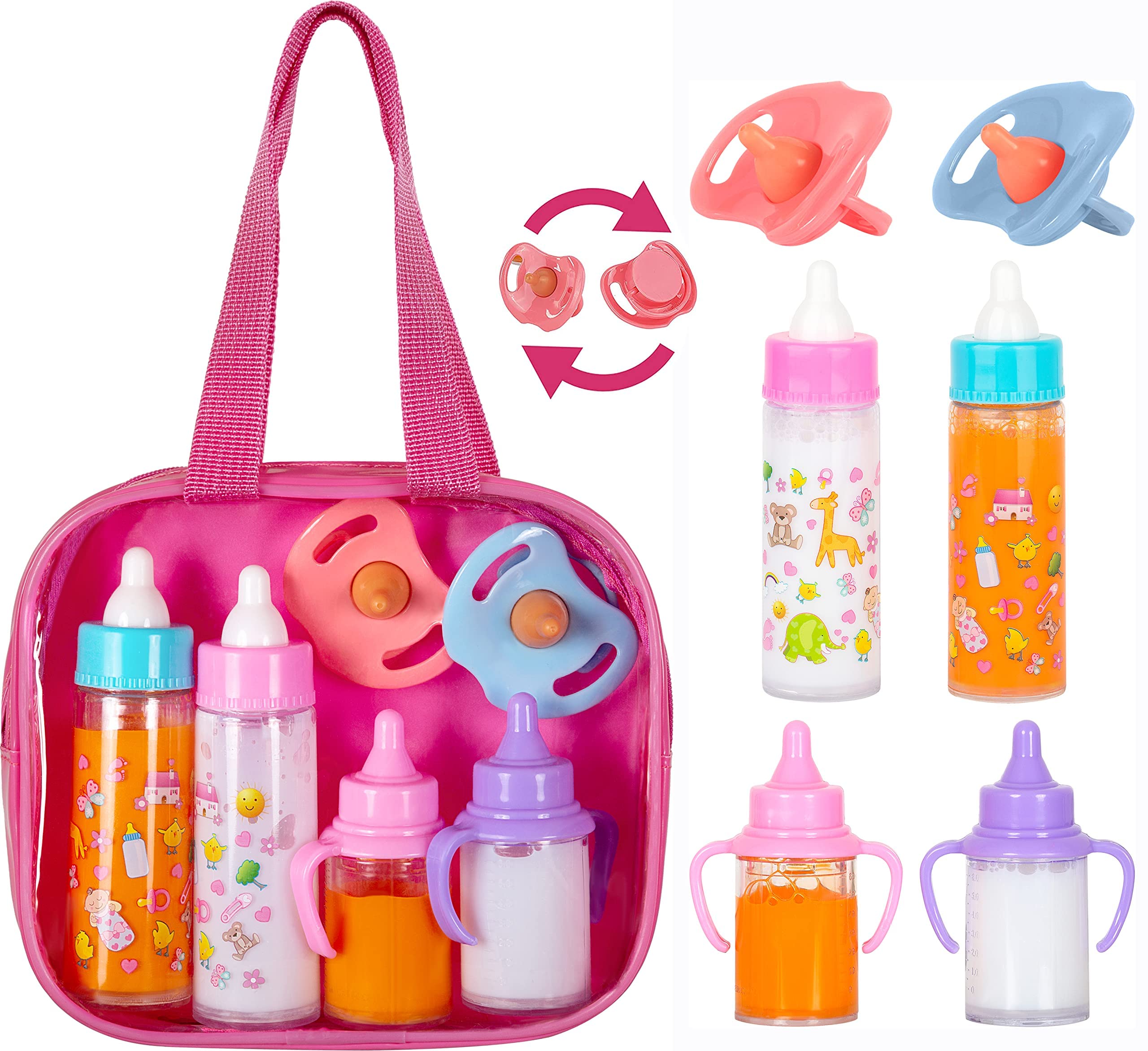 fash n kolor, My Sweet Baby Verschwindende Puppe Fütterungsset, Babypflege 6-teiliges Puppen-Fütterungsset für Spielzeug-Kinderwagen | 2 Milch- & Saftflaschen mit 2 Spielzeugschnullern für Babypuppen