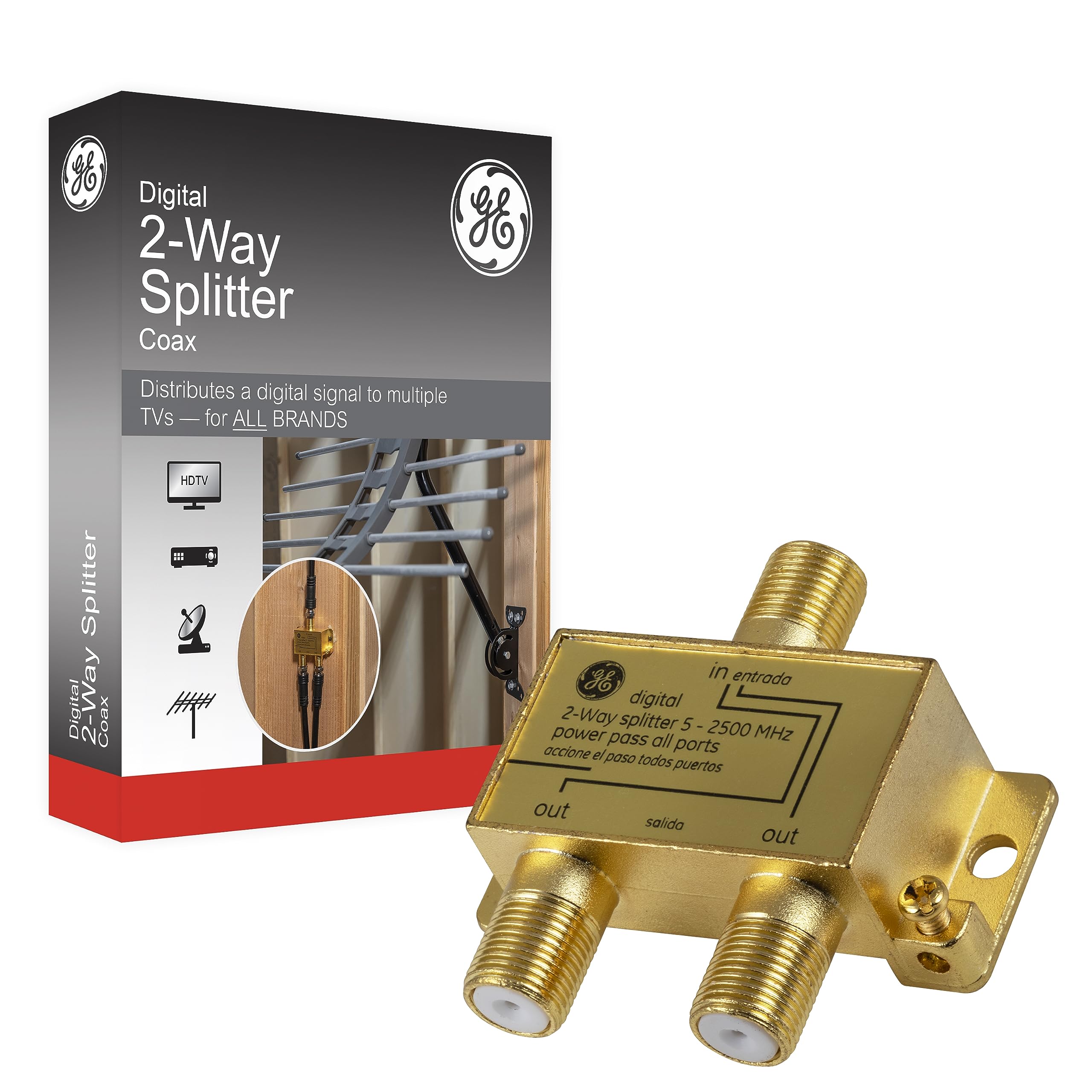 GE Digital 2-Wege-Koaxialkabelverteiler, 2,5 GHz 5-2500 MHz, RG6-kompatibel, funktioniert mit HD-TV, Satellit, Hochgeschwindigkeitsinternet, Verstärker, Antenne, vergoldete Anschlüsse, korrosionsbeständig, 33526