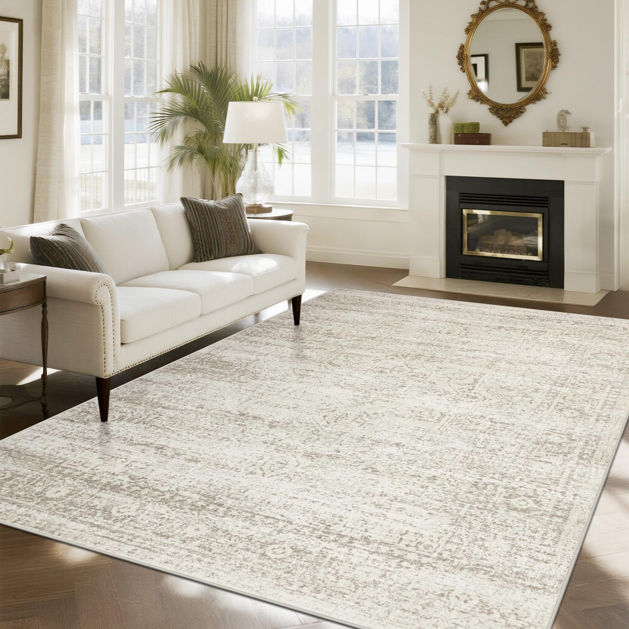 Srugn Washable Rugs 8x10 Area Rugs for Living Room,Rugs for Bedroom,Large Carpets,Ultra Soft Faux Wool Retro Dining Room Rug,Non Slip&Non-Shedding Low Pile Vintage Print Rug for Home Office Decor