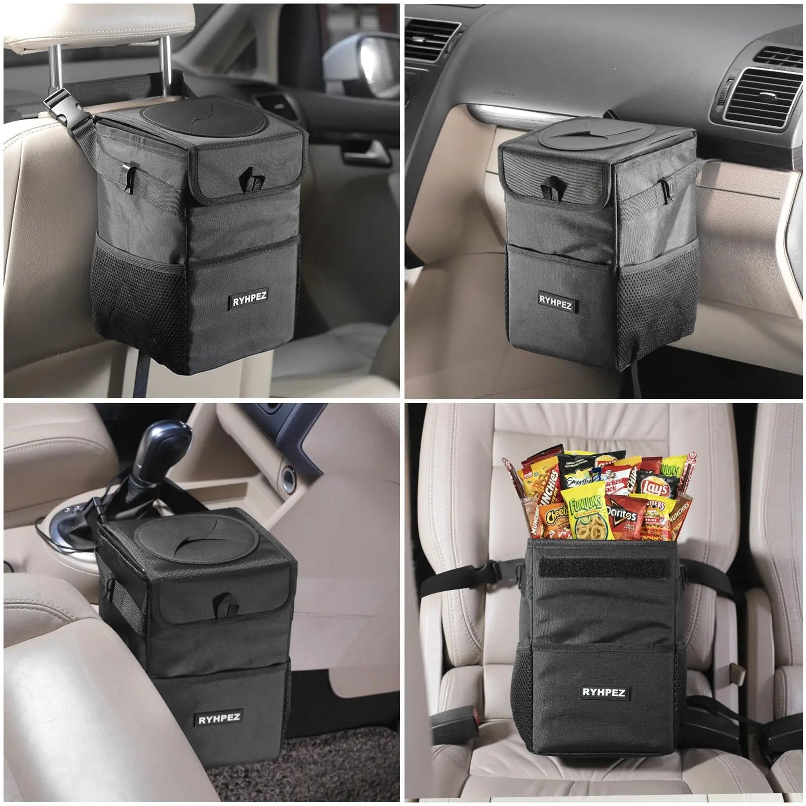 Ryhpez Car Trash Can with Lid - Leakproof Trash Bin Car Garbage Can, Collapsible Automotive Truck Organizer and Storage Bag Car Accessories for Women Men Road Trip Essentials