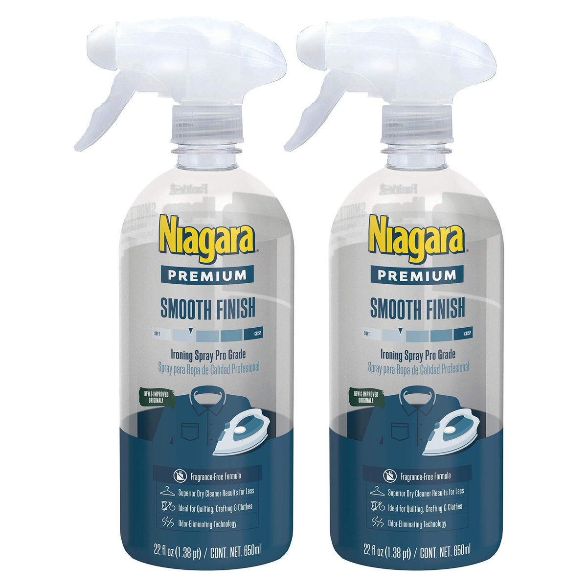 NIAGARA Sprühstärke (650 ml, 2er Pack) Flüssige Sprühstärke mit Zerstäuberpumpe zum Bügeln, Aerosolfreie Sprühstärke, Reduziert die Bügelzeit, Kein Abblättern, Kleben oder Verstopfen, Biologisch abbaubare Inhaltsstoffe, Recycelbar