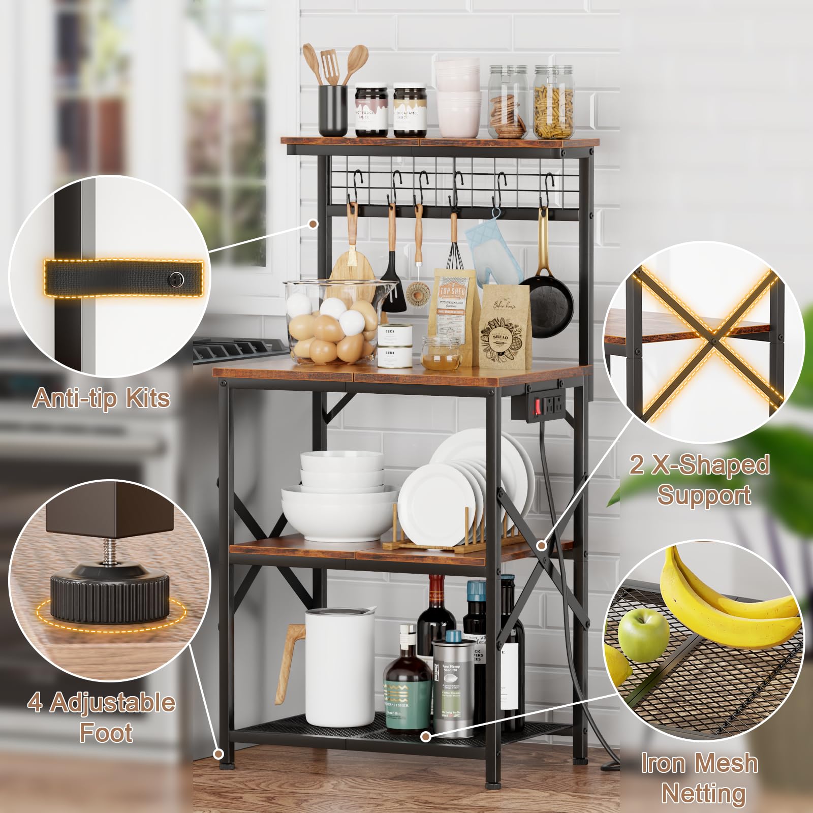 Furologee Kitchen Bakers Rack with Power Outlet, Microwave Oven Stand with Storage 4 Tiers, Coffee Bar Table with 6 S Hooks, Kitchen Storage Shelf Rack for Spices, Pots, Rustic Brown