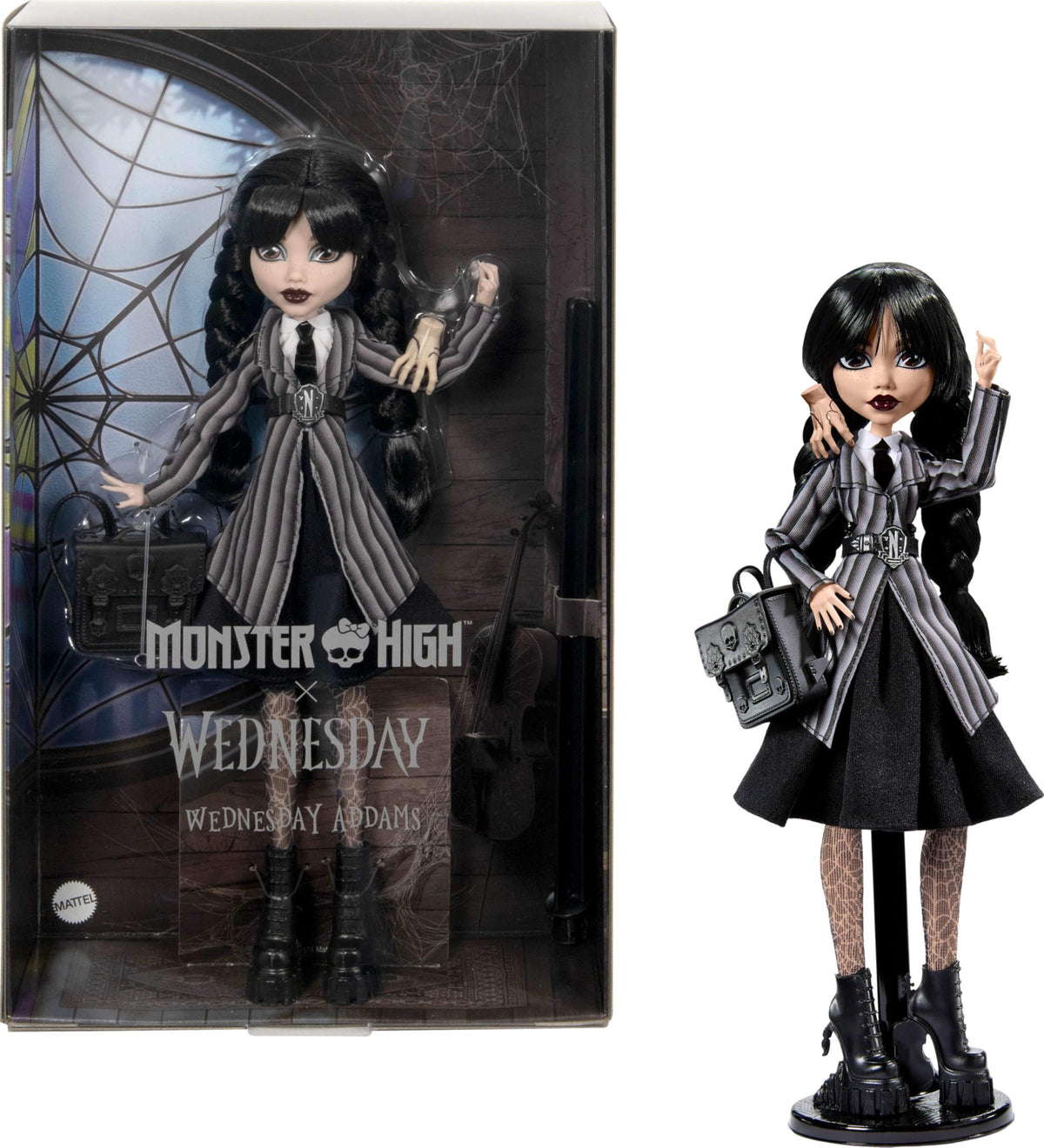 Monster High Wednesday Puppe und Zubehör, Wednesday Addams Sammlerstück in Nevermore Academy Uniform mit Thing und Rucksack, Puppenständer