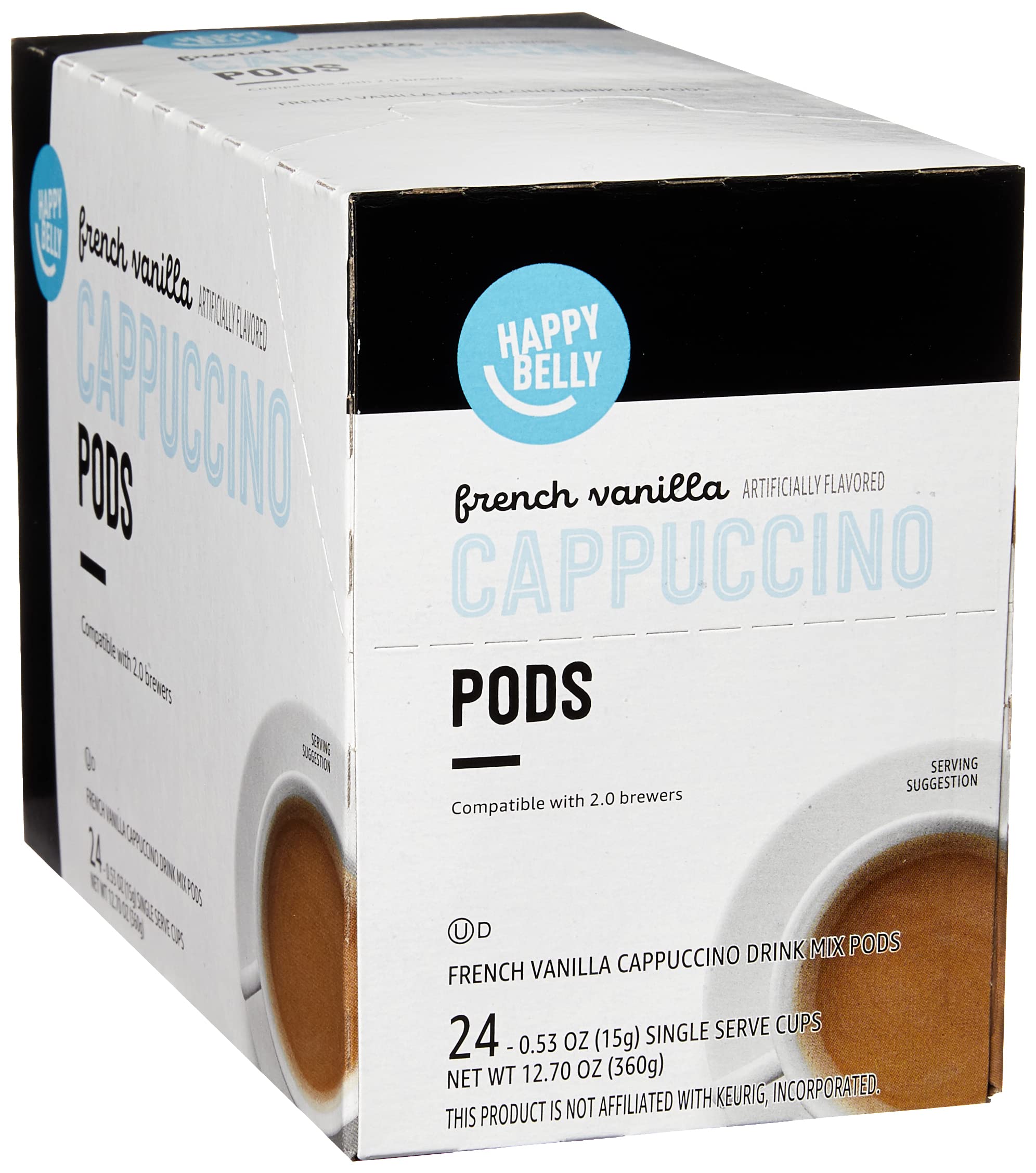 Brand - Happy Belly Cappuccino Coffee Pods Light Roast Compatible with 2.0 K-Cup Brewers, French Vanilla Flavored, 24 Count, 1.5 pound (Pack of 1)