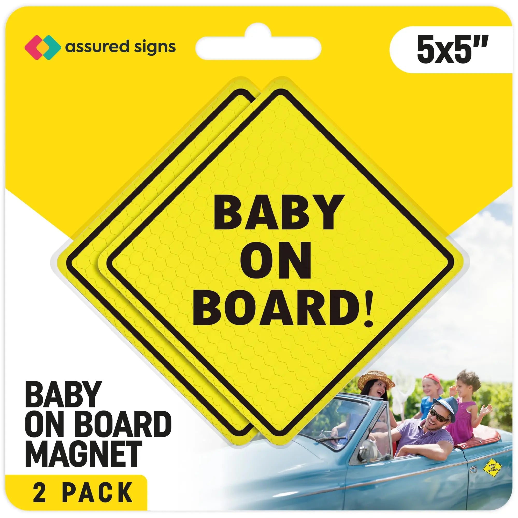 Baby On Board MAGNET Sign for Car - 2 Pack, 5" by 5" - Essential Magnetic Sticker for Bumper - Bright Yellow and Reflective - Best Safety Sign Accessories for Cars