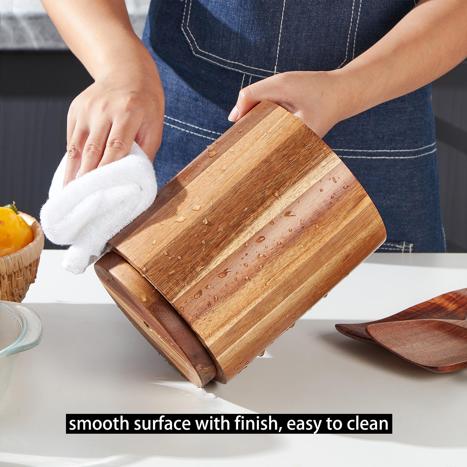 LOHONER Acacia Wood Utensil Holder for Kitchen Counter, 360° Rotating 7.2" Wooden Cooking Utensil Crock for Countertop, Farmhouse Kitchen Decor