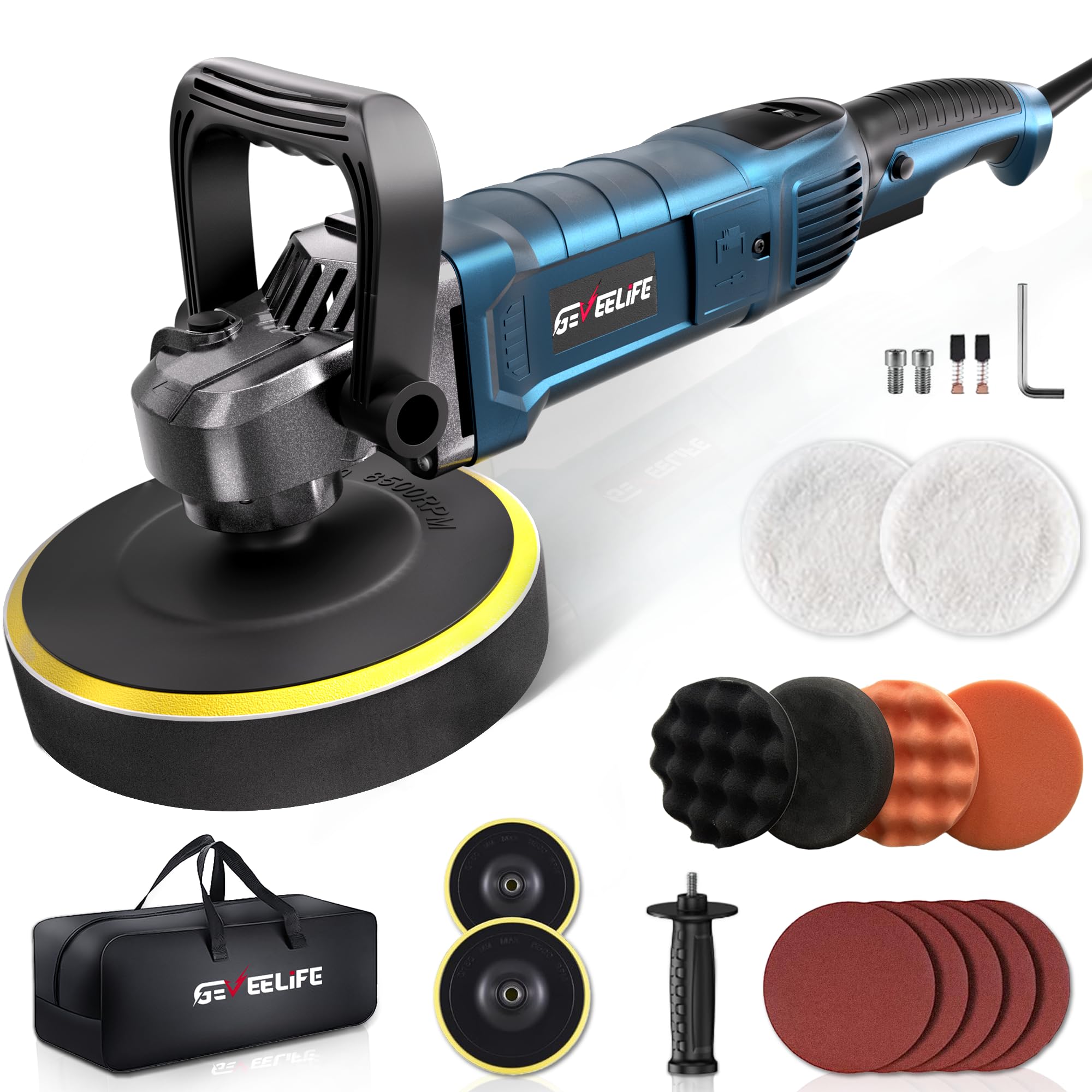 GEVEELIFE Poliermaschine, 6/7 Zoll 1600W Rotations-Poliermaschine für Autos, Wachsmaschine, 7 variable Geschwindigkeiten 1000-3500 U/min, abnehmbarer Griff für Auto, Boot, Schleifen, Polieren, Wachsen