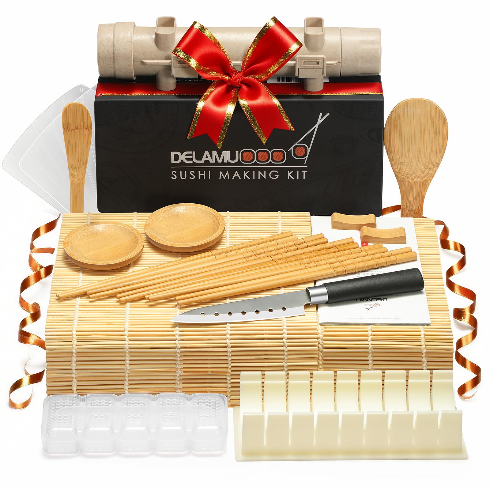 Delamu Sushi Making Kit, 20 in 1 Bazooka Roller Kit with Chef's Knife, Bamboo Mats, Rice Mold, Temaki Sushi Mats, Rice Paddle, Spreader, Chopsticks, Sauce Dishes, Guide Book