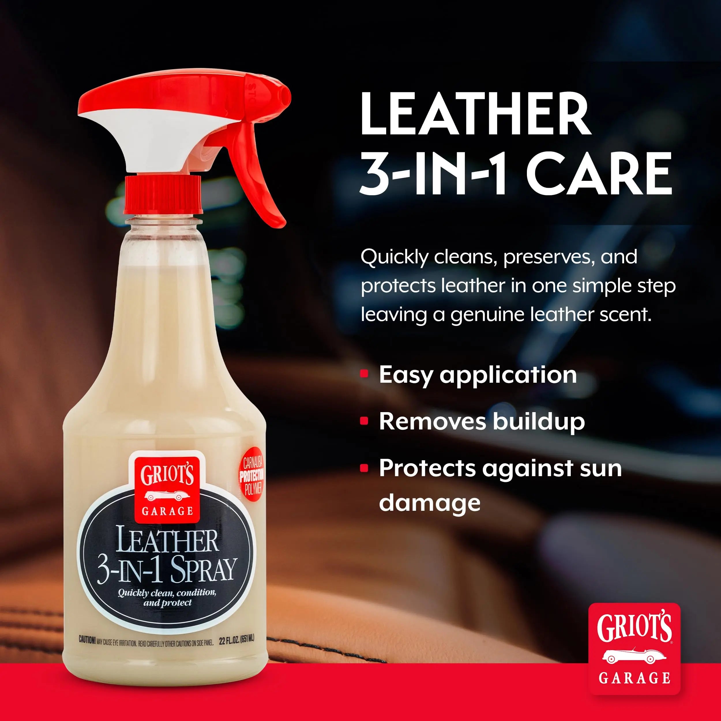 Griot's Garage Leather 3-in-1 Spray, Cleaner and Conditioner for Leather and Vinyl, Car Seats and Vehicle Interior, Truck, RV, Boats, and Home, 10963, 22 oz