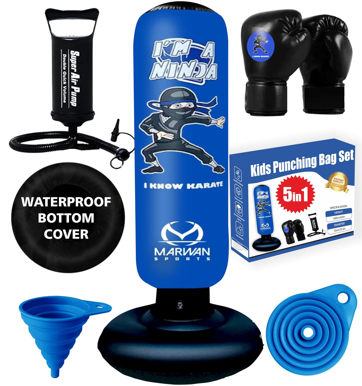 Marwan Sports Inflatable Punching Bag for Kids - 5-in-1 Birthday Set with Gloves, Pump & Fast Rebound - Fun Active Toy for Boys Ages 4-12
