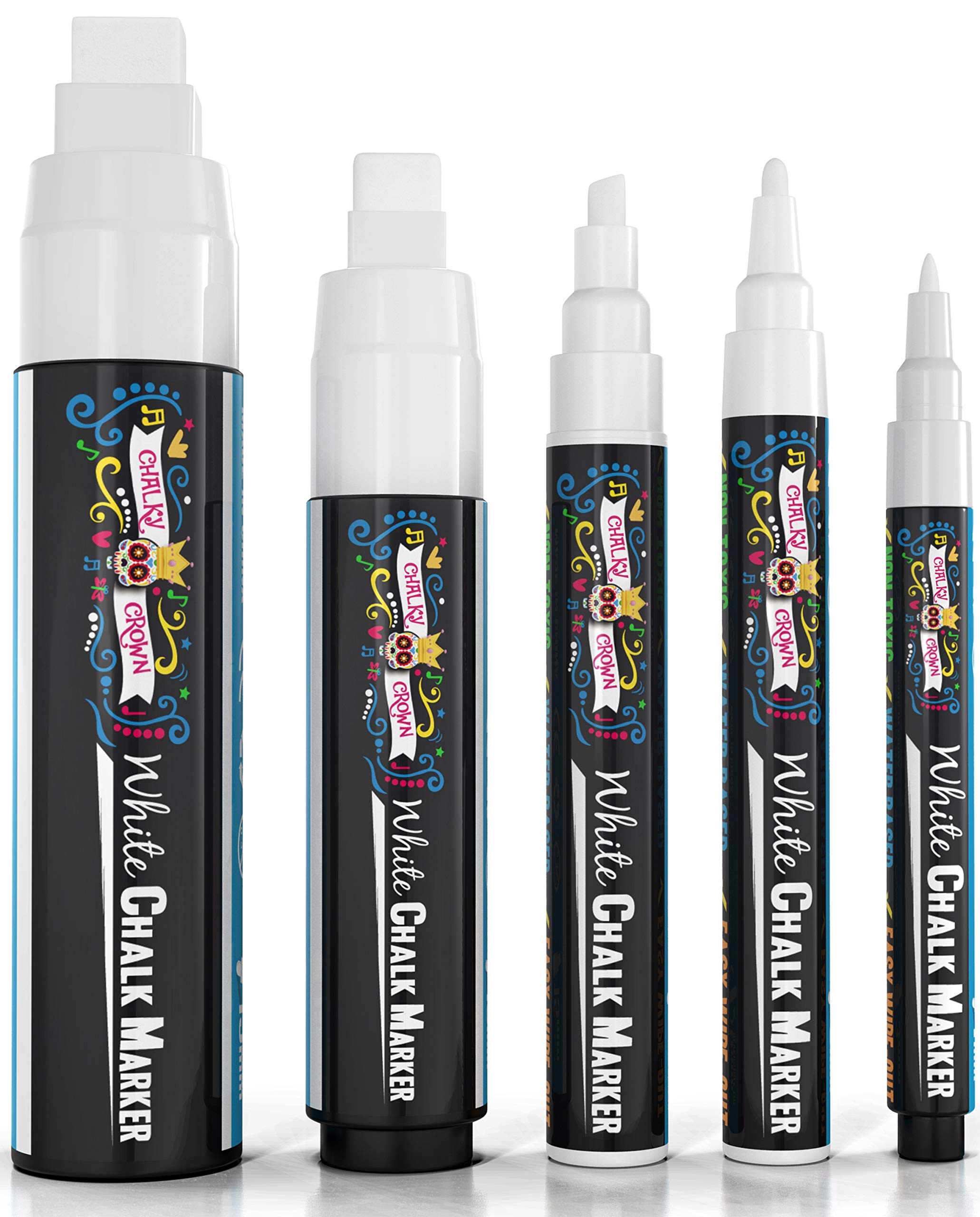 CHALKY CROWN 5pc White Chalk Markers - Non-Toxic Liquid Chalkboard Markers, White Liquid Chalk Marker for Windows, Glass - 1, 3, 6, 10, 15mm Tips