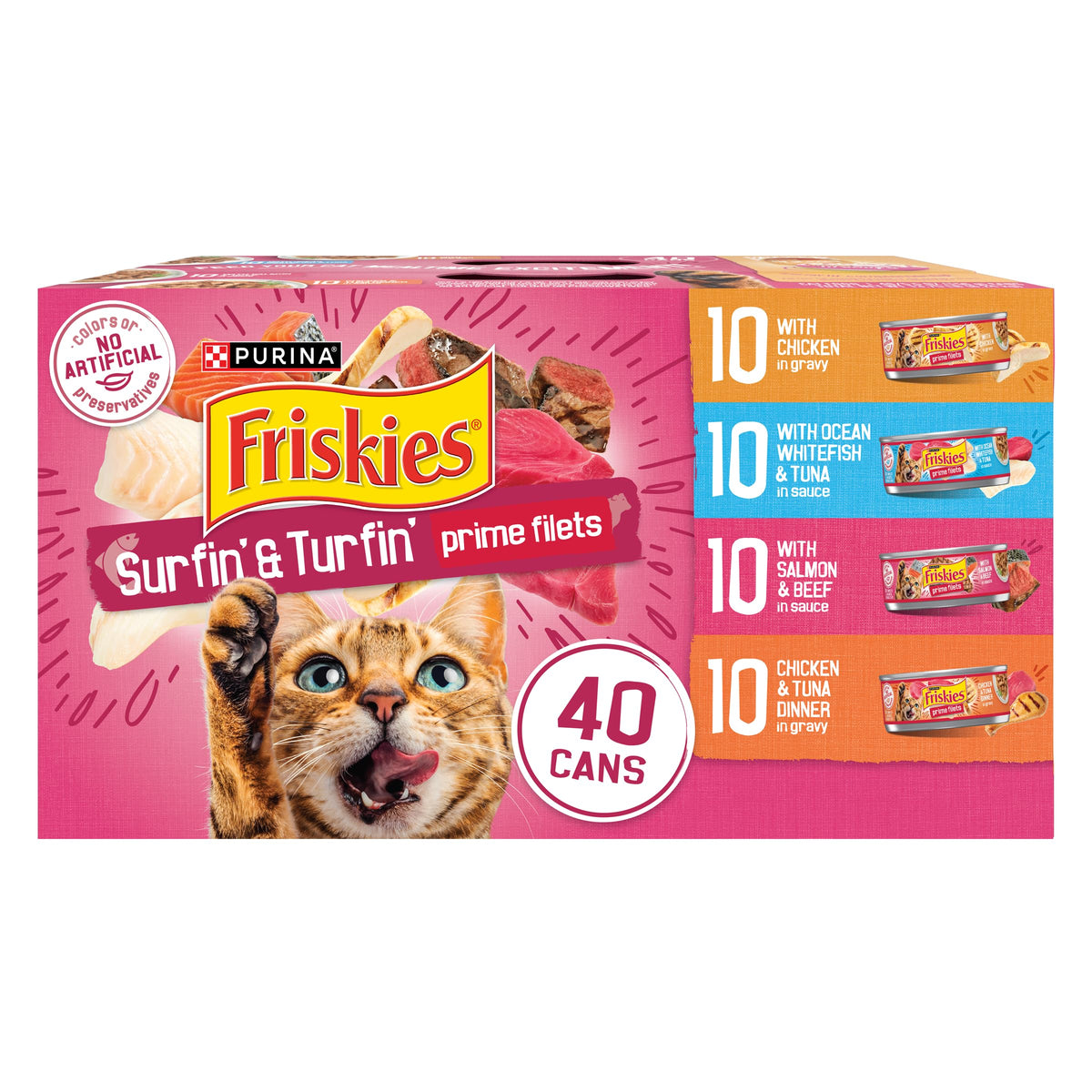 Purina Friskies Gravy Wet Cat Food Variety Pack, Surfin' and Turfin' Prime Filets Favorites - (Pack of 40) 5.5 oz. Cans