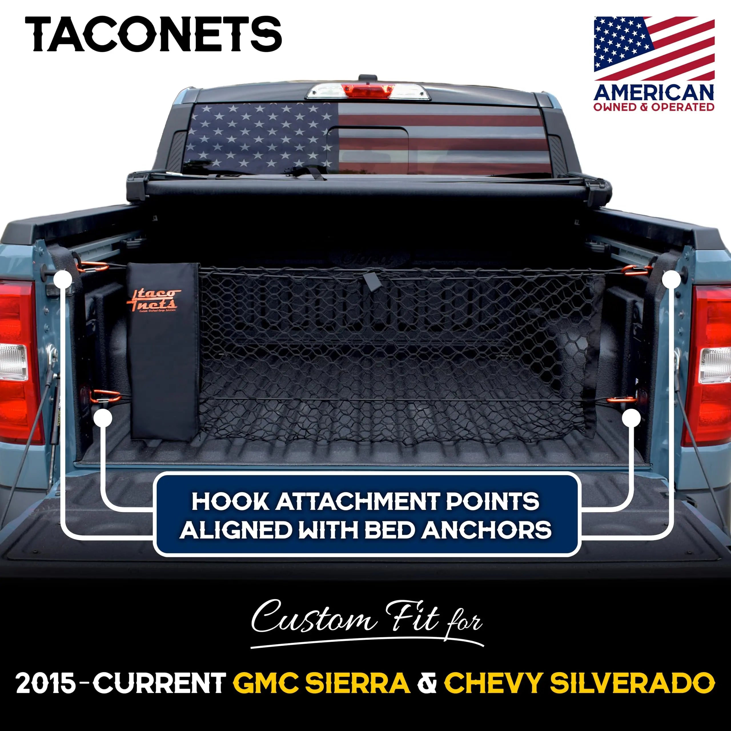 TacoNets Envelope Cargo Net for GMC Sierra & Chevy Silverado - Fits 2013-2025 - Upgraded 5mm Bungee - Integrated Storage Bag - Heavy Duty Carabiners - Designed in USA - 18" x 50"