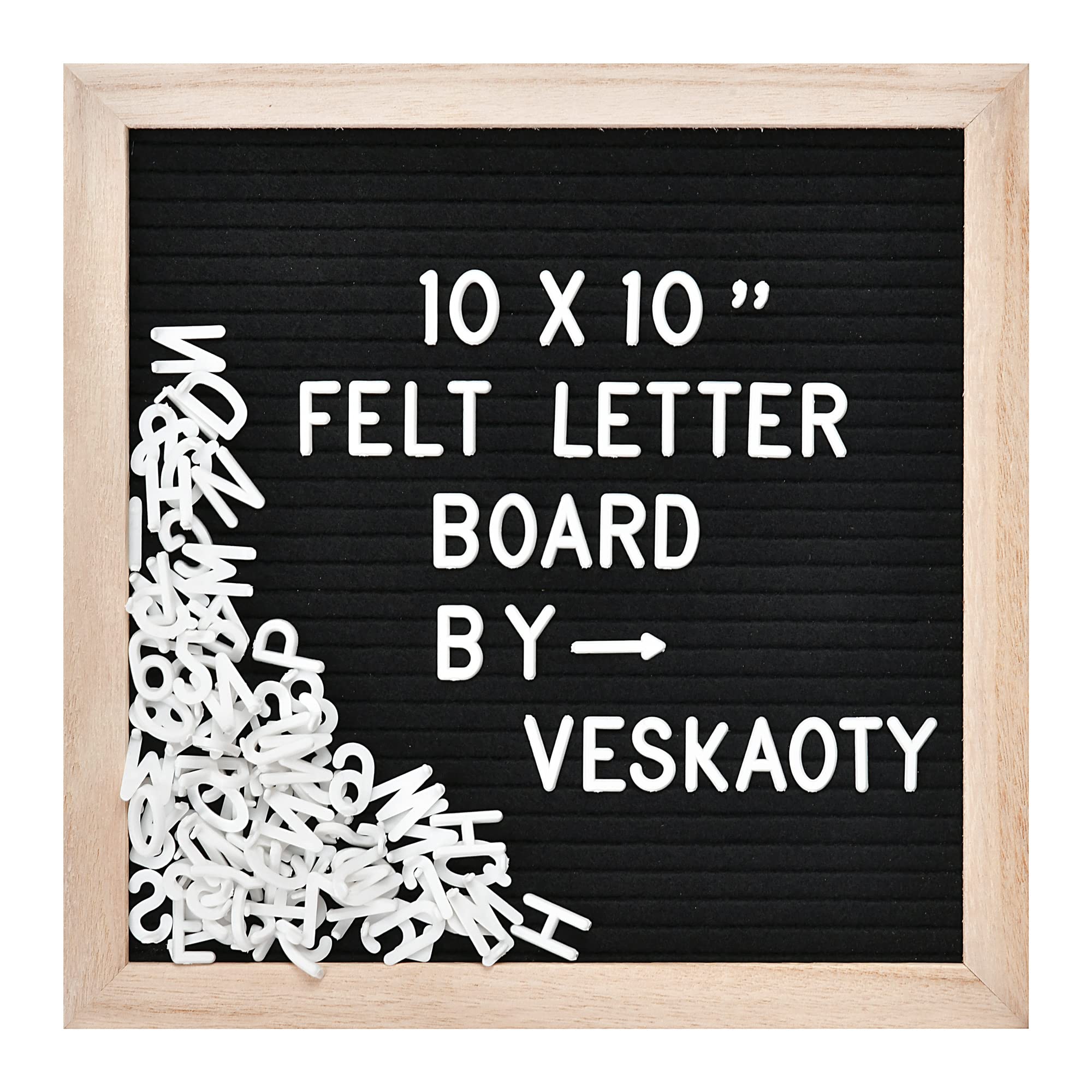 Filzbuchstabentafel mit 294 Buchstaben, Zahlen und Symbolen – 10 x 10 Zoll wechselbare Nachrichtentafel mit Holzrahmen und Wandaufhänger, Schwarz & Holz