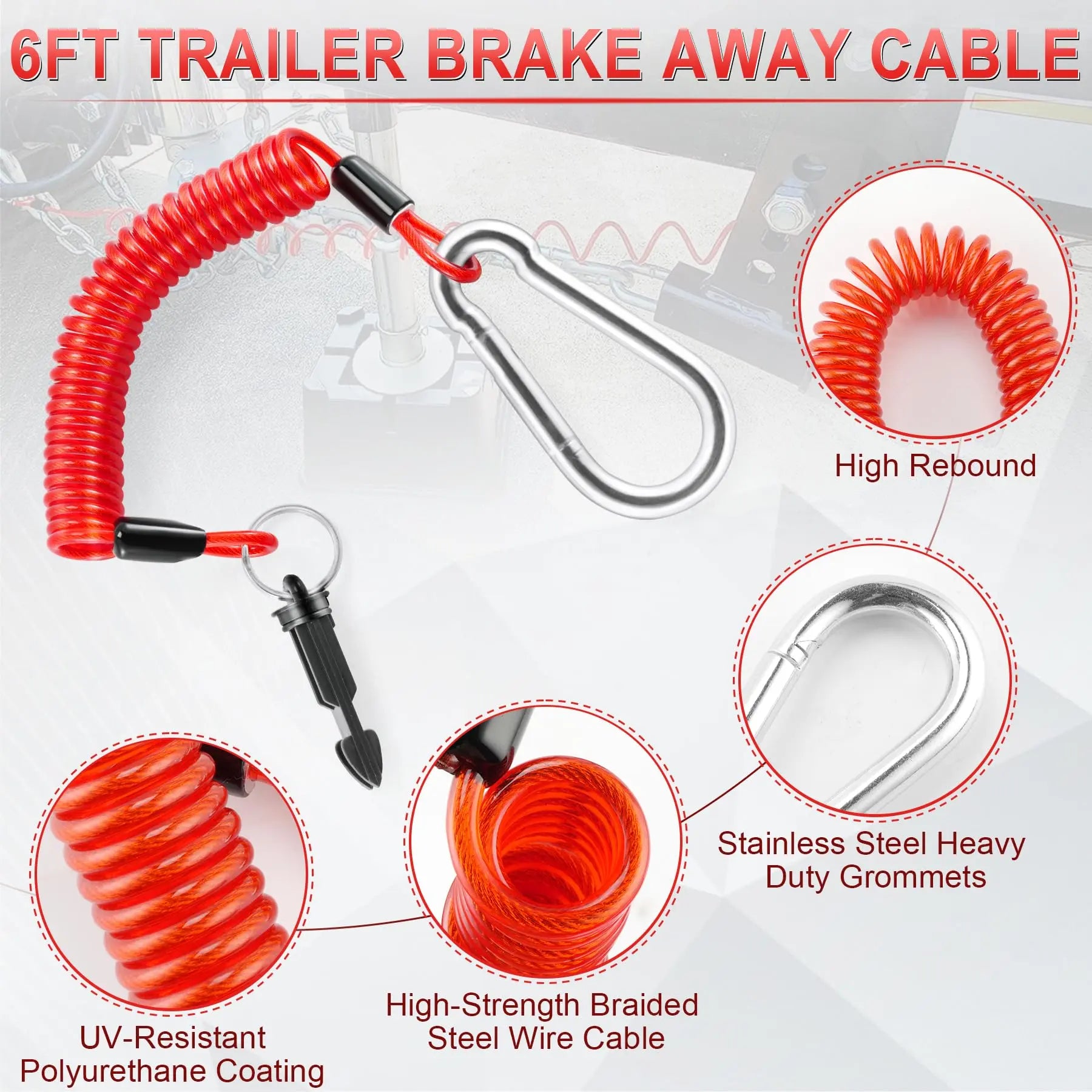 JUSTTOP 6FT Breakaway Trailer Cable,Heavy Duty Stainless Steel Spring Towing Coiled Wire,Emergency Brake Wire Camper Safety Breakaway Cable with Pin,RV Trailer Accessories