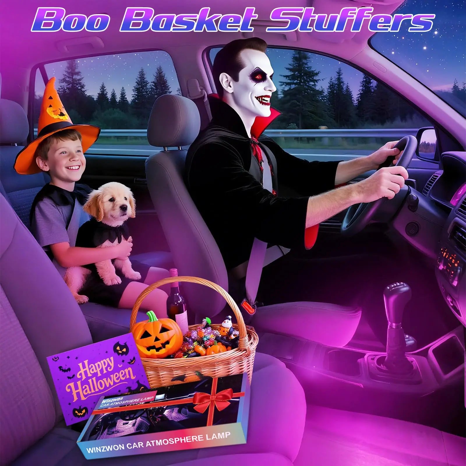 Winzwon Led Lights for Car Accessories Interior, Birthday Gifts for Women Men, Halloween Trunk or Trick Car Decorations Kit APP Control with USB Port Color Change Lights for Truck Decor, 12V