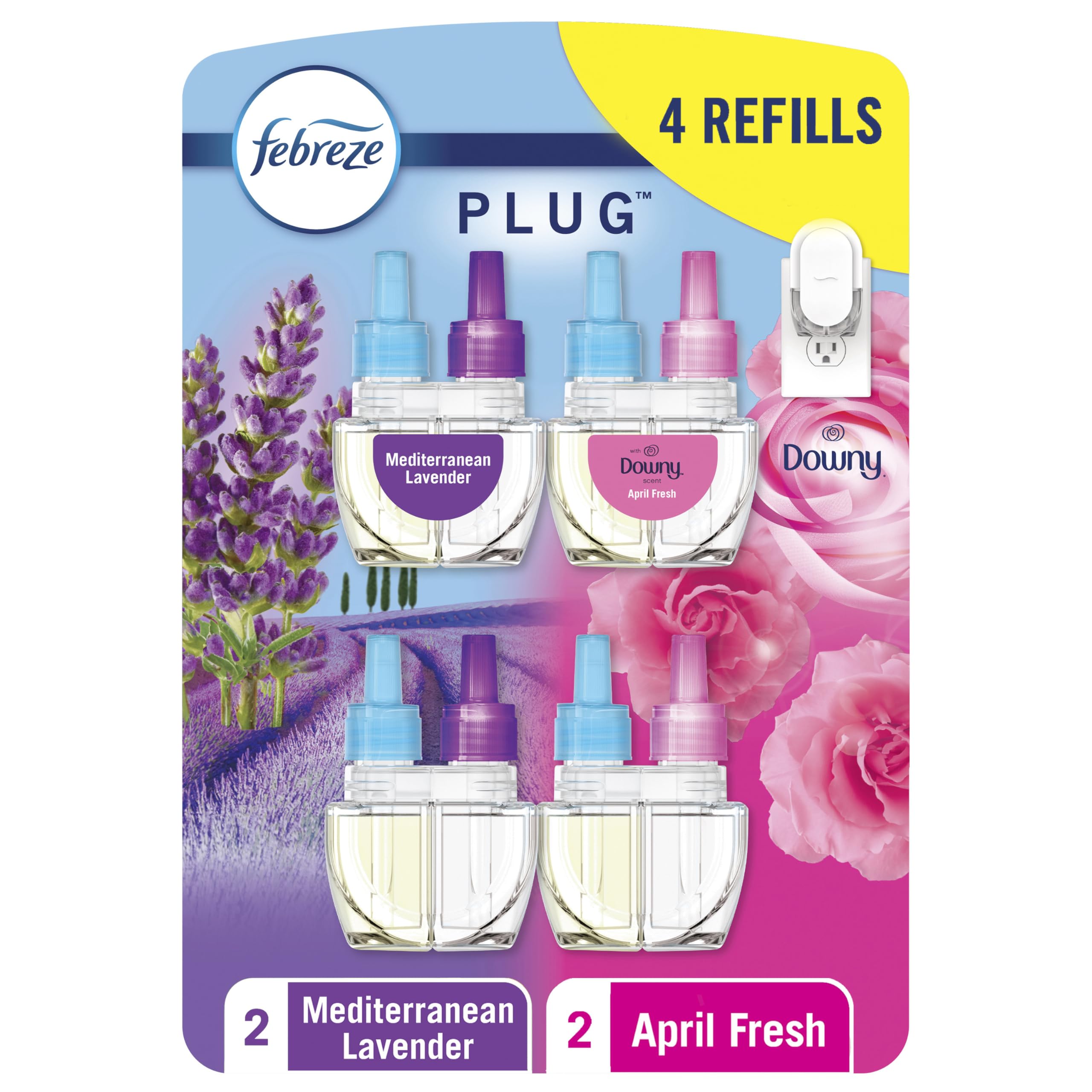 Febreze Geruchsentfernender Fade Defy PLUG Lufterfrischer, Downy Aprilfrisch, Mediterraner Lavendel, 25,7 ml Öl-Nachfüller, 4 Nachfüller (2 von jeder Sorte)
