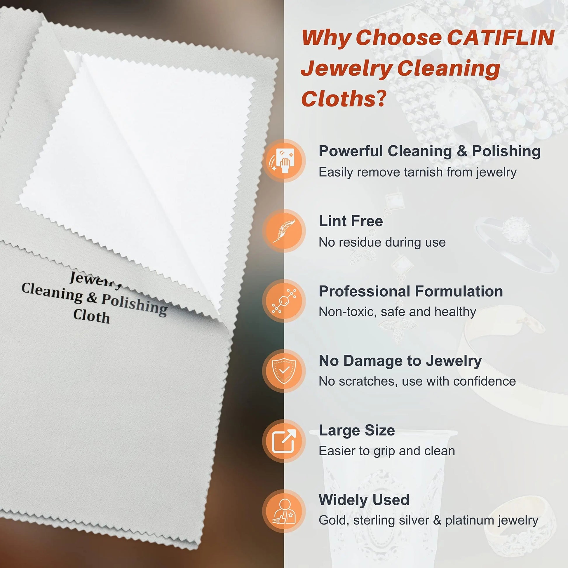 CATIFLIN 2pcs Multi-Layer Jewelry Cleaning Cloth, Large Silver Polishing Cloth, 100% Cotton Jewelry Polishing Cloths for Gold, Silver and Platinum Jewelry (Light Gray, 10 "X12")