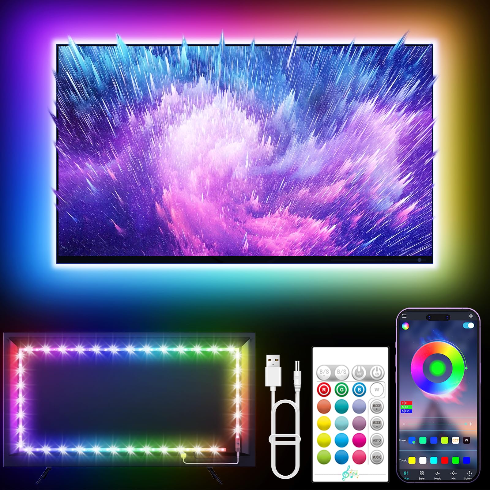 KANTUTOE LED Lights for TV, 16.4ft LED Lights for 45-75 Inch TVs, RGB TV Backlight Behind, Music Sync Bluetooth APP & Remote Control Strip Lights USB Powered for Bedroom/Gaming