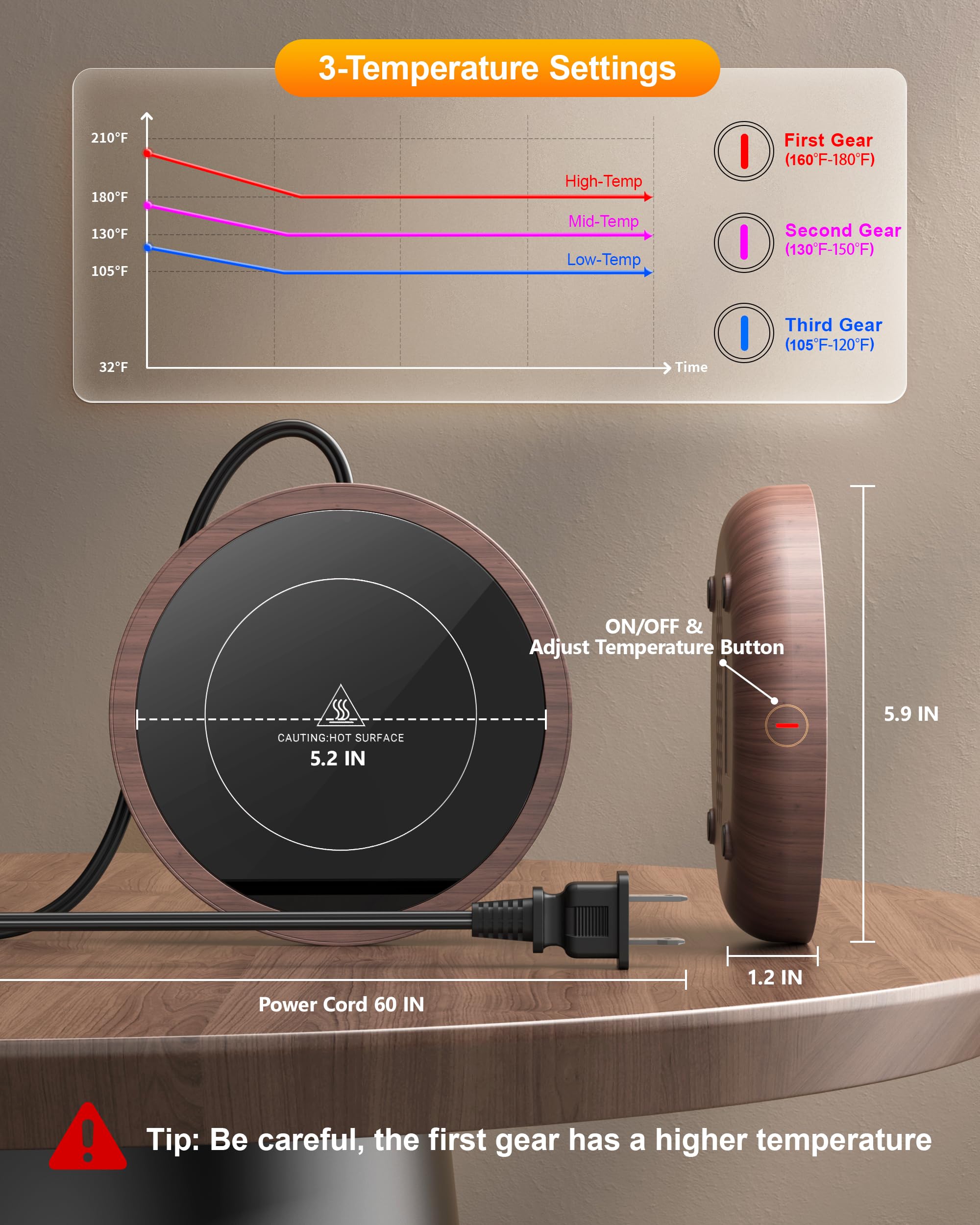 SWEETFULL Coffee Mug Warmer, 36W Electric Cup Warmer for Desk with 3-Temp Settings Advanced Temperature-Controlled Heating Coffee Gifts Accessories for Women Men Milk, Tea, Candle - Wood