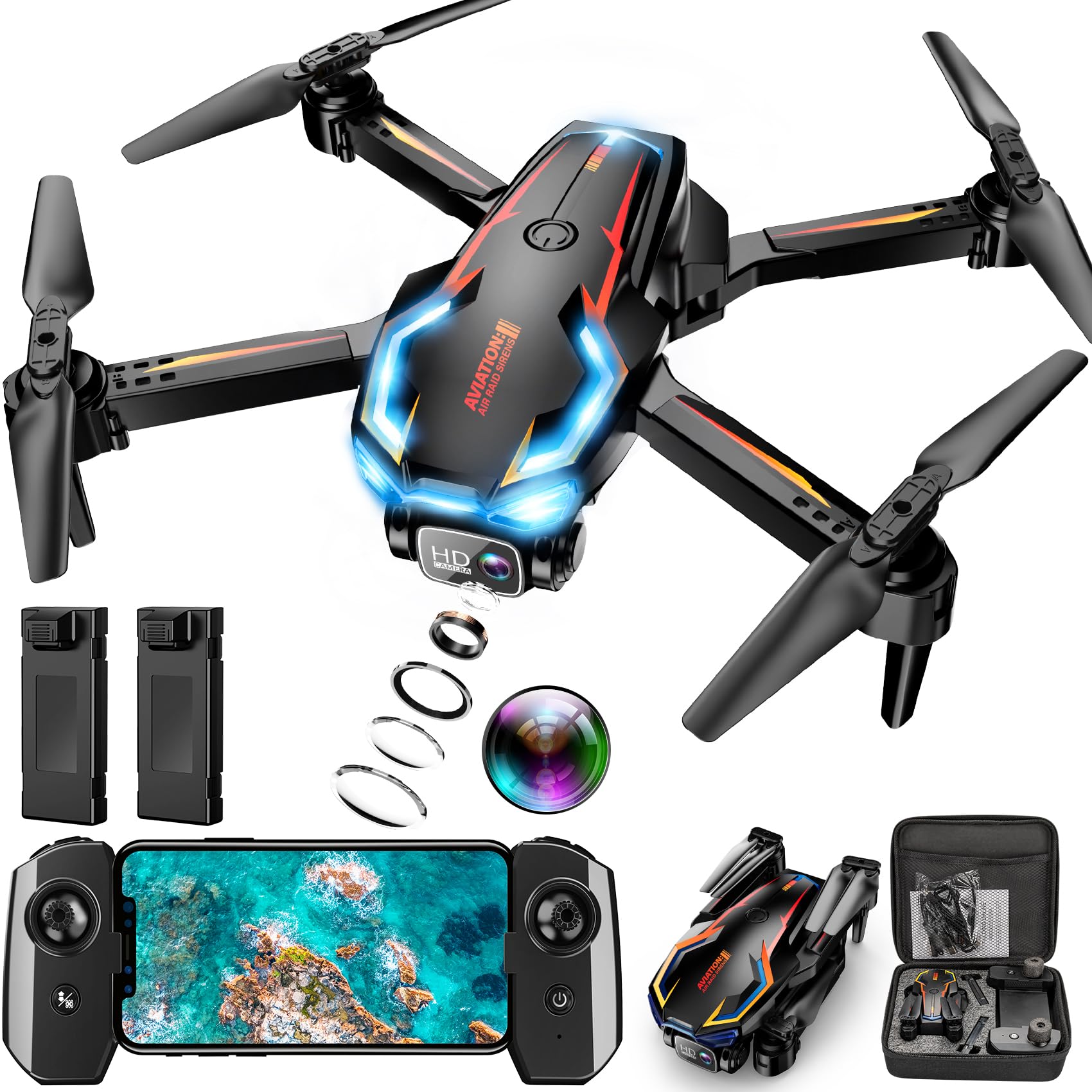 Drohne mit Kamera für Erwachsene, 2K HD FPV Drohnen mit verbesserter Höhenhaltung, Ein-Tasten-Start/Landung, Geschwindigkeitsanpassung, Headless-Modus, 2 Akkus, Spielzeuggeschenke für Teenager Jungen Mädchen, Anfänger