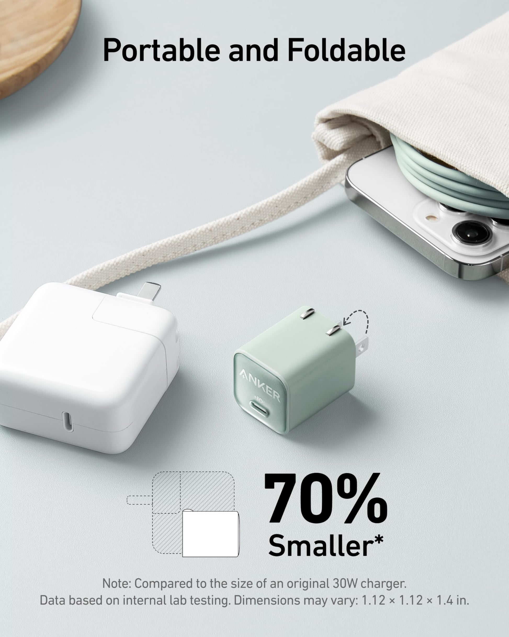 Anker Nano USB C Charger Block, 30W PIQ 3.0 Foldable iPhone Charger Fast Charging for iPhone 16/15 Series, Galaxy, iPad, Compatible with MagSafe