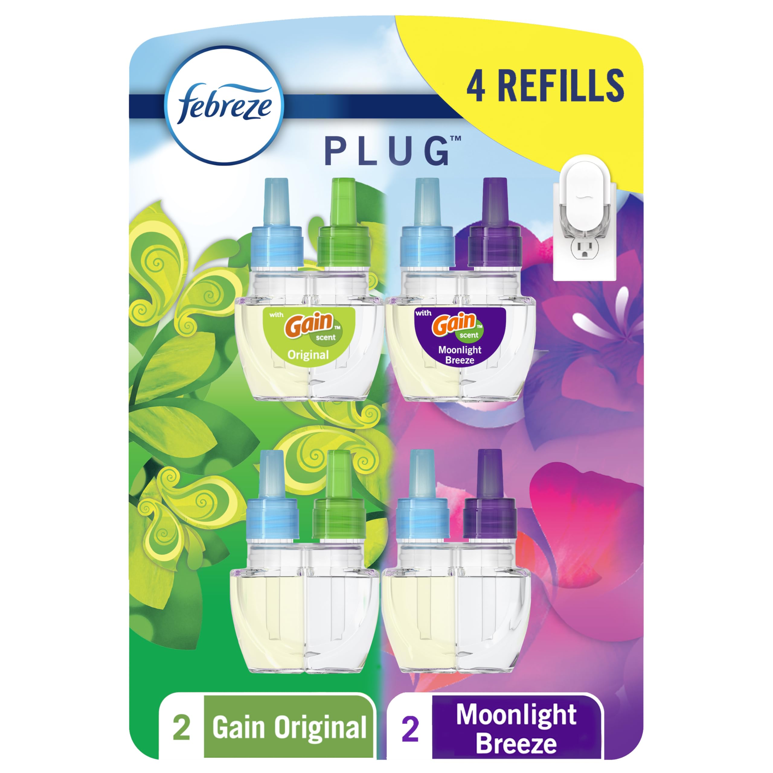 Febreze Geruchsentfernender Fade Defy PLUG Lufterfrischer, Gain Moonlight Breeze, Gain Original, 0,87 fl. oz. Öl-Nachfüllpacks, 4 Nachfüllpacks (je 2)