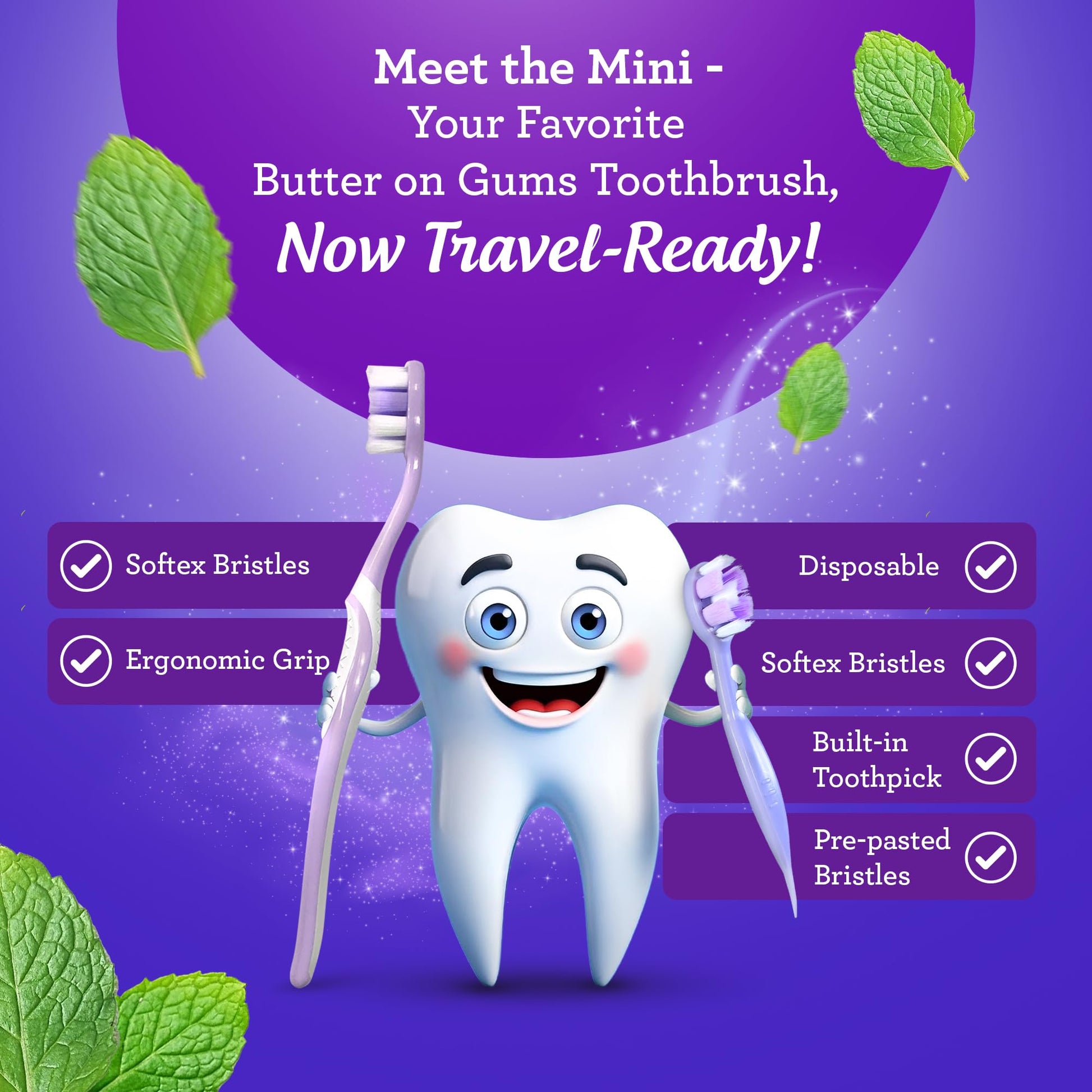 GuruNanda Ready-to-Go Disposable Mini Travel Toothbrushes - Butter on Gums Softex Bristles, Pre-Pasted Toothbrush & Toothpick - Fluoride-Free, No Rinsing Needed, 70 Ct