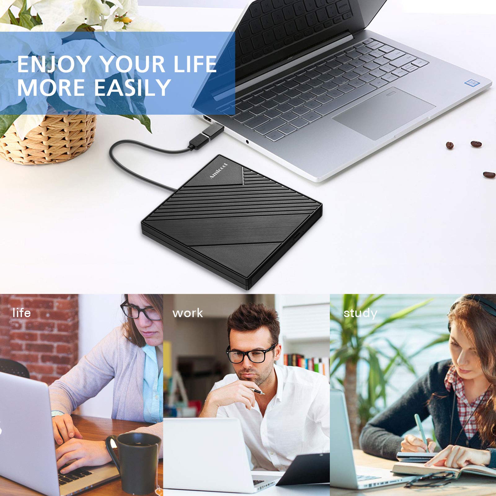 Amicool External DVD Drive USB 3.0 USB C CD Burner CD/DVD +/-RW Optical Drive, Slim Portable DVD CD ROM Rewriter Writer Duplicator for Laptop Desktop PC Windows 11/10/8/7 MacBook Mac Linux OS Apple
