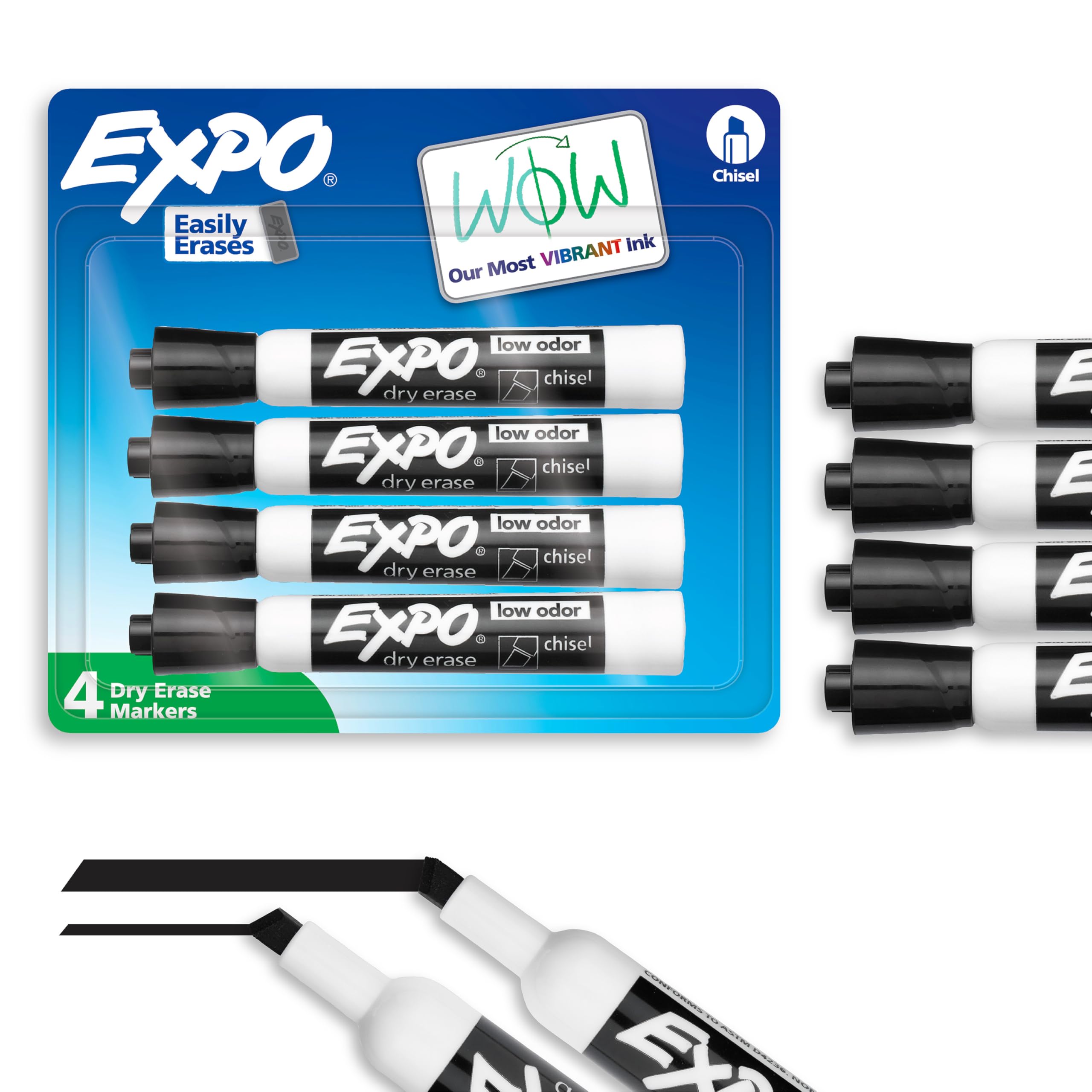 EXPO Whiteboard-Marker, geruchsarme Tinte, Schwarz, Keilspitze, 4er-Pack – Einfach abwischbar, lebendige Tinte, ideal für Klassenzimmer, Schulanfang, Lehrer, Büro, Whiteboard und Zuhause