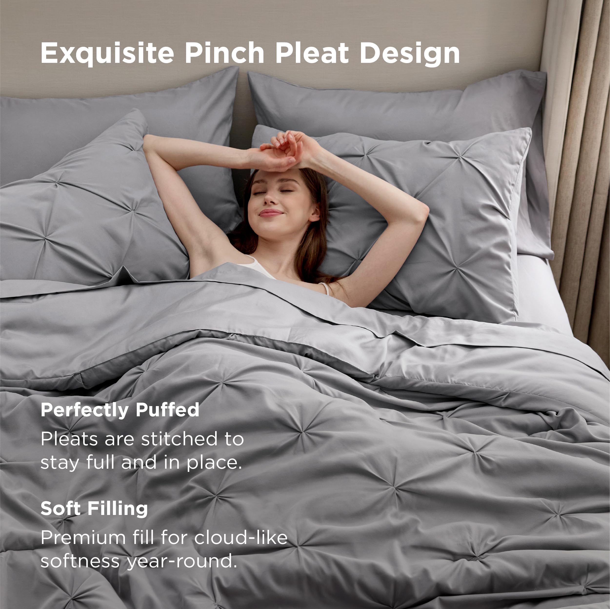 Bedsure King Size Comforter Set - Bedding Sets King 7 Pieces, Pintuck Bed in a Bag Grey Bed Set with Comforter, Sheets, Pillowcases & Shams