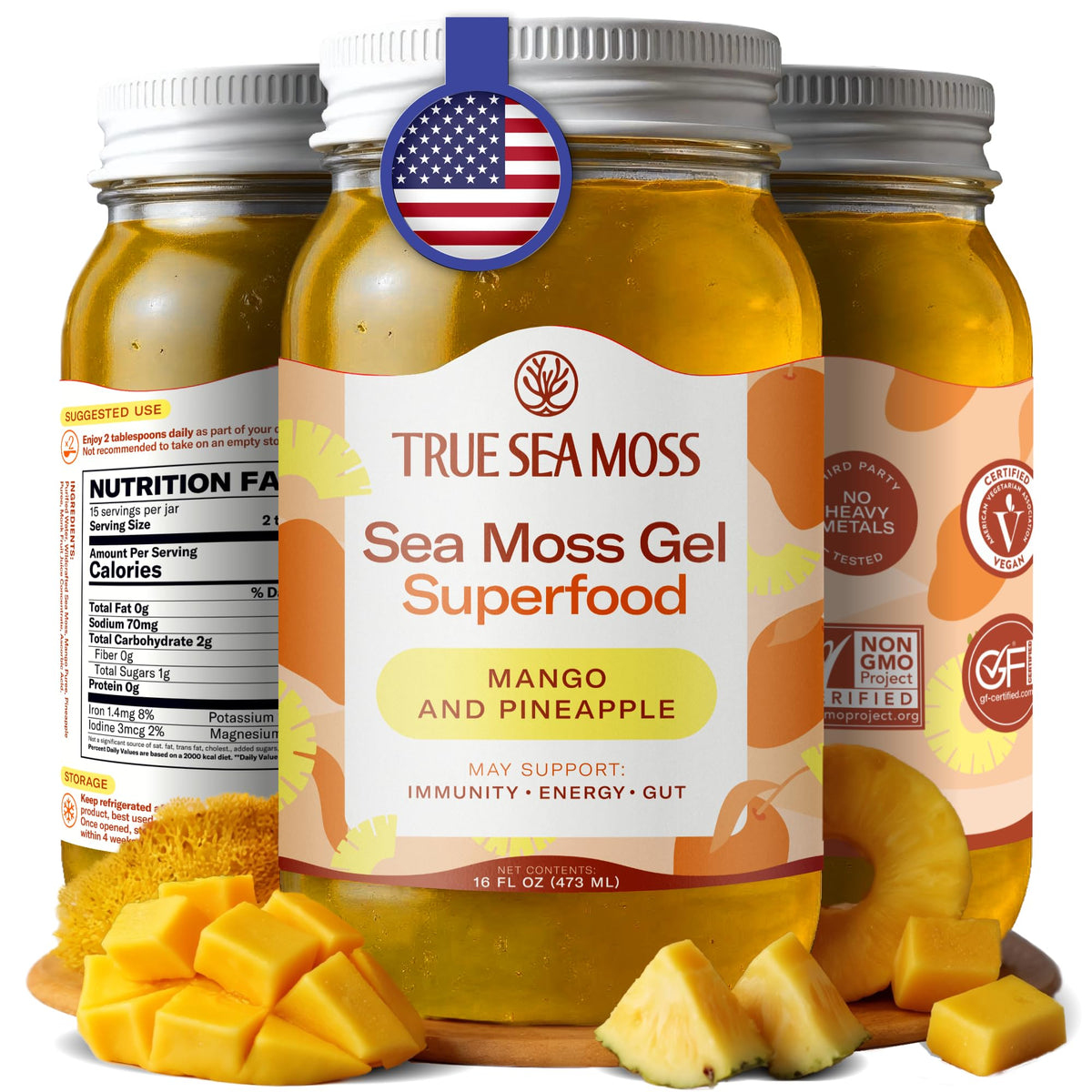TrueSeaMoss Sea Moss Gel – Hergestellt in den USA – Wildgeernteter Seemoos, frische Früchte & Meeresgemüse – Mango/Ananas, Packung mit 1 (Etiketten können variieren)