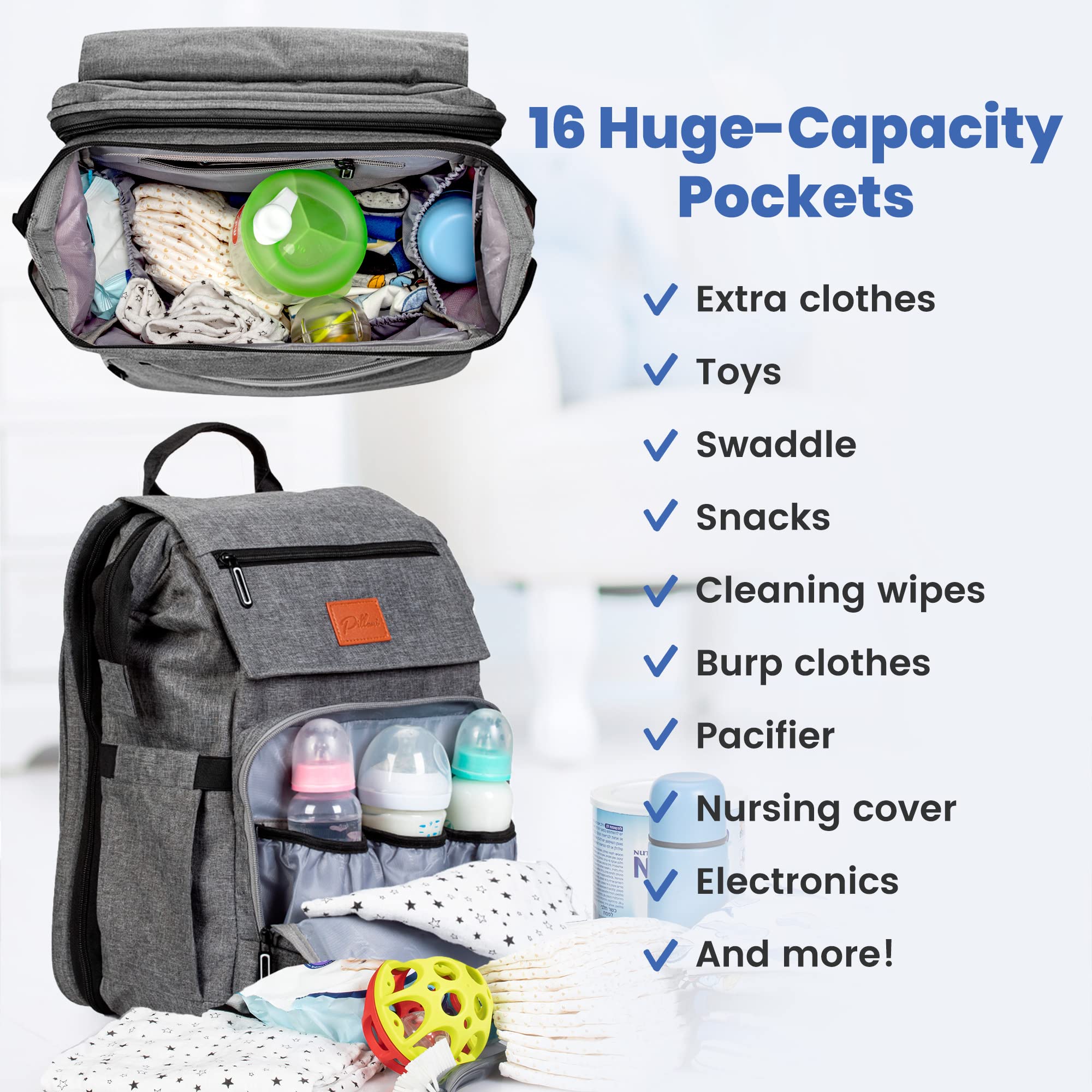 PILLANI Baby Diaper Bag Backpack - Large Bag for Boys & Girls, Waterproof Diaper Backpack - Travel Diaper Bags w/Changing Pad, Baby Registry Search & Shower Gifts - Essentials Must Haves Newborn Stuff