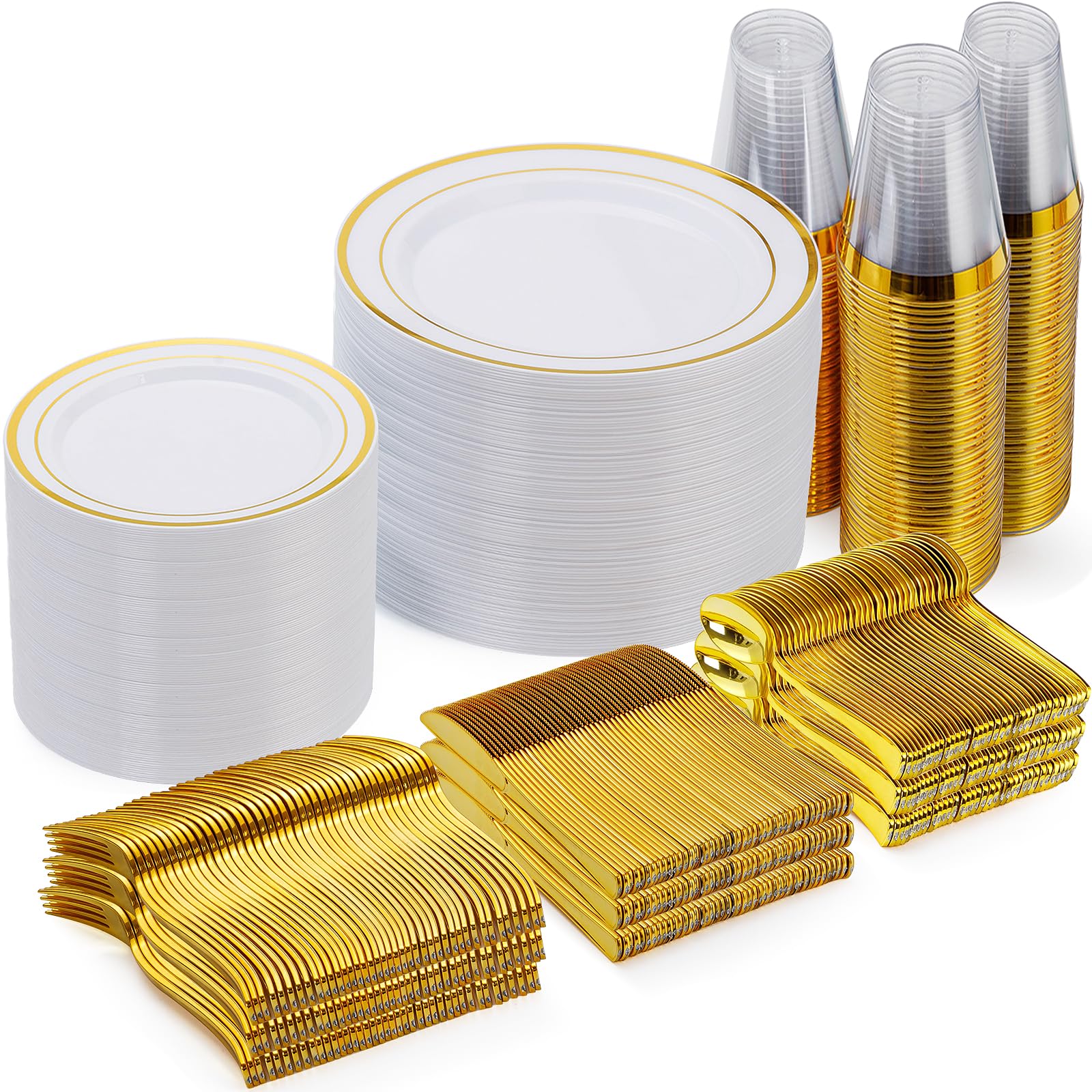 Goodluck 600-teiliges Einweg-Geschirr-Set in Gold für 100 Gäste, Plastikteller für Party, Geschirrset mit 100 Speisetellern und 100 Desserttellern, 100 Löffeln, 100 Gabeln, 100 Messern, 100 Bechern