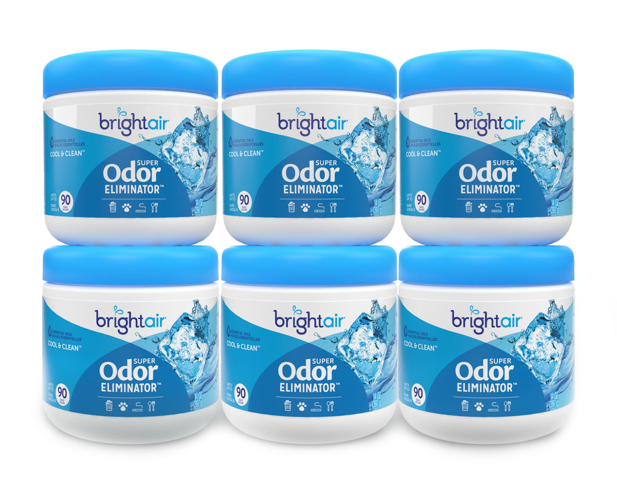 Bright Air 14 oz. Super Odor Eliminator, For Medium-Size Spaces, Cool & Clean Scent, Case of 6,Air Freshener, Natural Essential Oils, Lasts Up to 90 Days Each