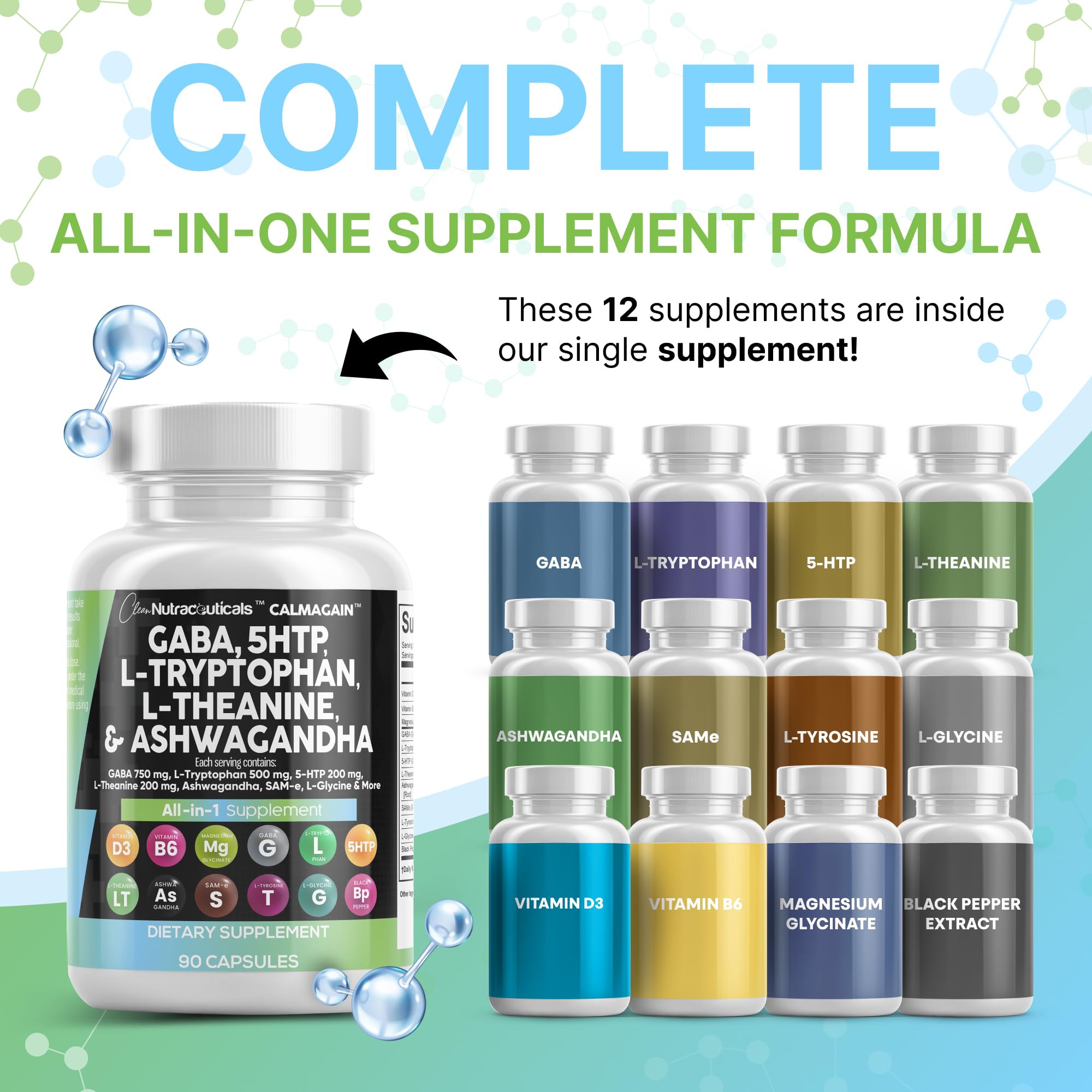 Clean Nutraceuticals GABA 750mg 5 HTP 200mg L Tryptophan 500mg L Theanine 200mg Ashwagandha SAM-e L-Glycine - Mood Support Vitamins for Women and Men with L-Tyrosine 5-HTP (5-Hydroxytryptophan)