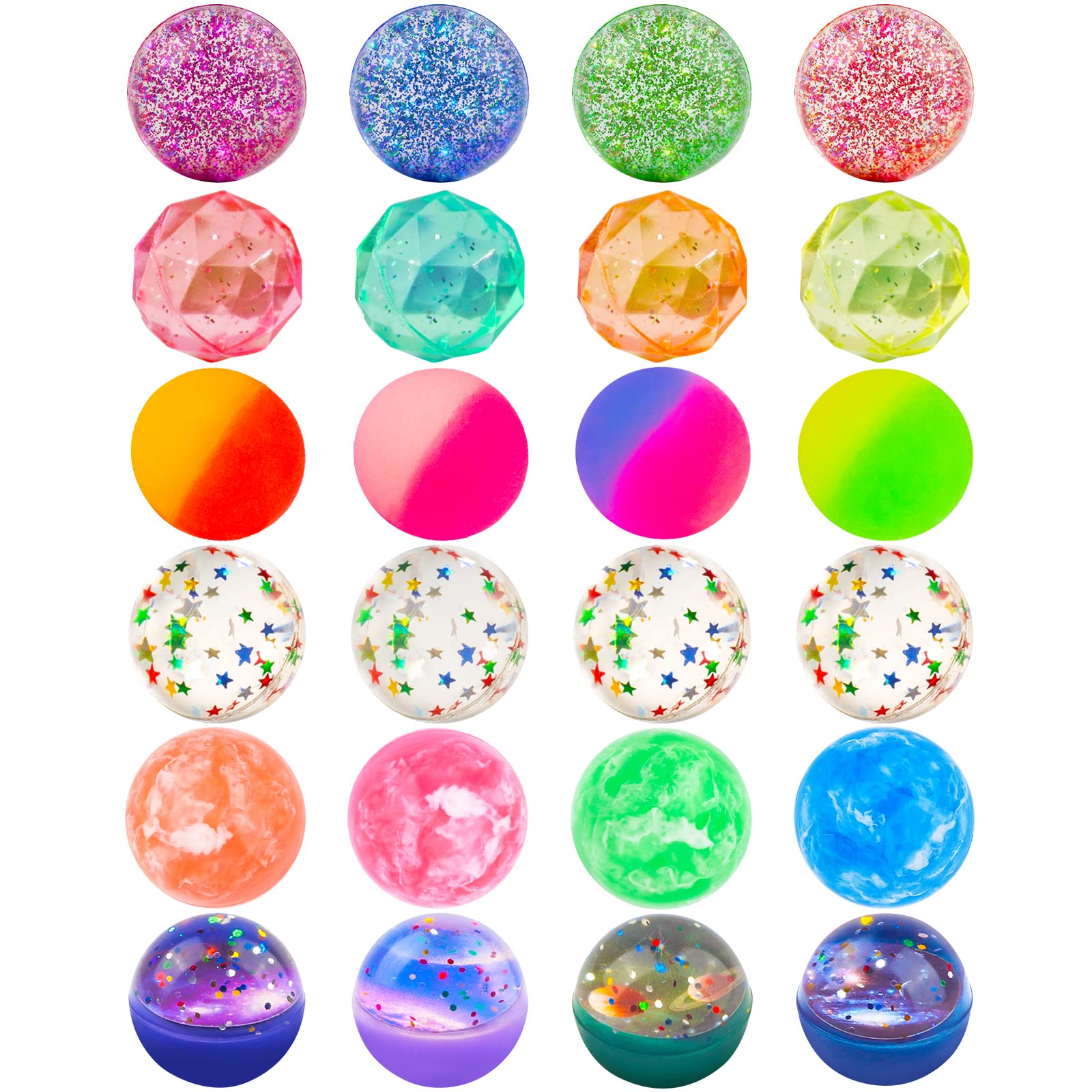 Ecoofor 24 Stück Flummis 32mm Sprungbälle 6 Stile Hohe springende Ballspielzeuge für Kinder Partygeschenke Geburtstage Klassenzimmer