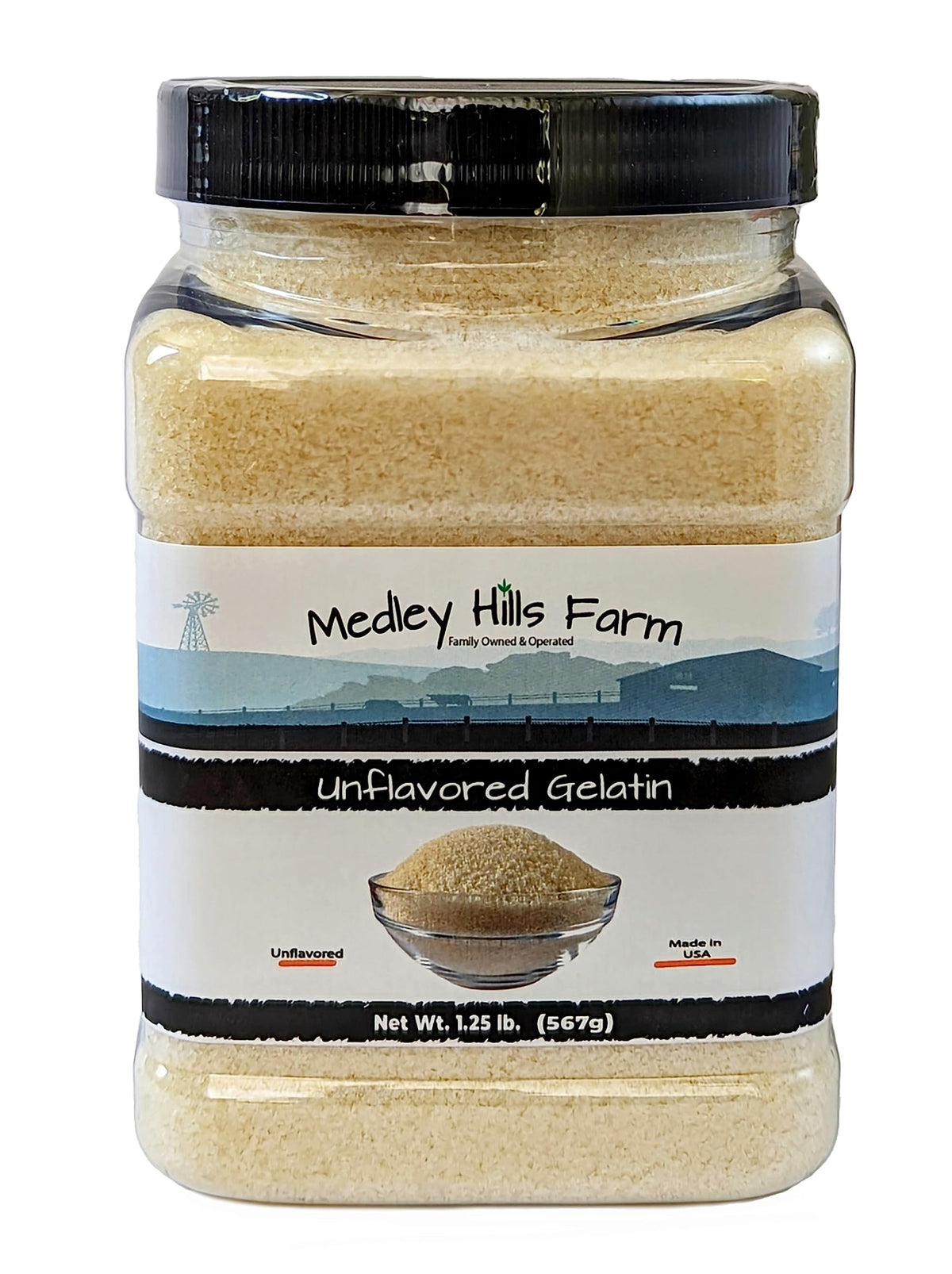 Geschmacksneutrale Gelatine von Medley Hills Farm 1.25 lbs. im wiederverwendbaren Behälter – Gelatinepulver geschmacksneutral als Verdickungsmittel. Hergestellt in den USA.