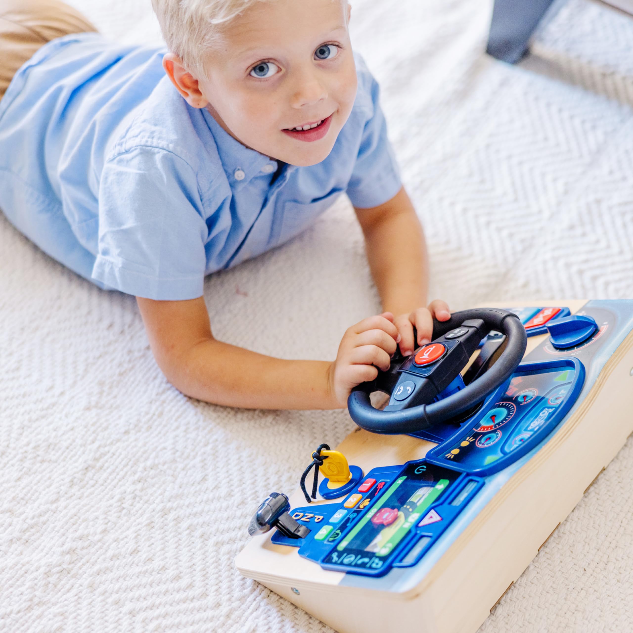 Melissa & Doug Vroom & Zoom, Interactive Wooden Dashboard, Racing Car Steering Wheel Toy, Lights & Sounds, Preschool Learning Toys for Girls & Boys 3+ - FSC Certified